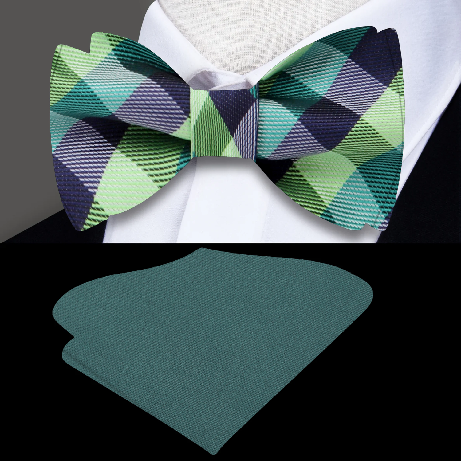 Green and purple checkered bow tie with a green pocket square on a white shirt.
