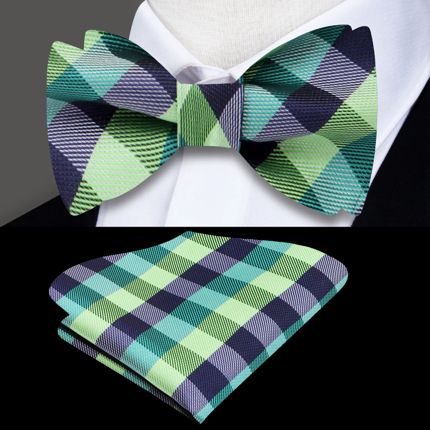 Green checkered bow tie and pocket square set on a white background