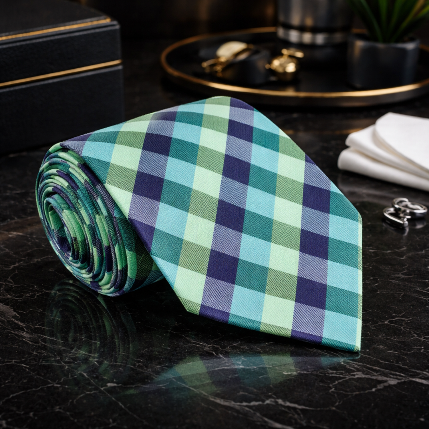 Green and blue checkered tie on a dark surface with a box and other items in the background