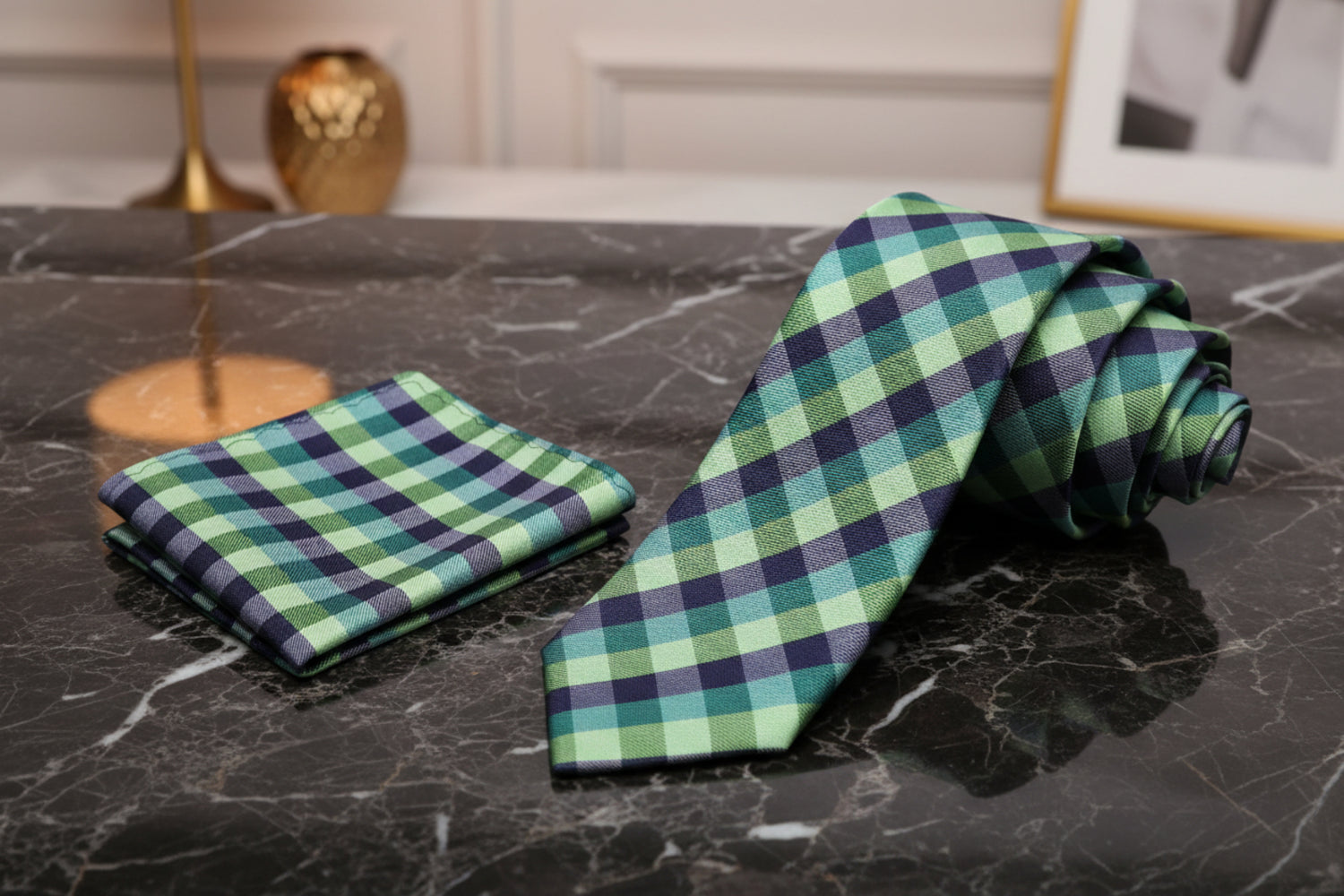 Alt Shades of Green Plaid Necktie and Square