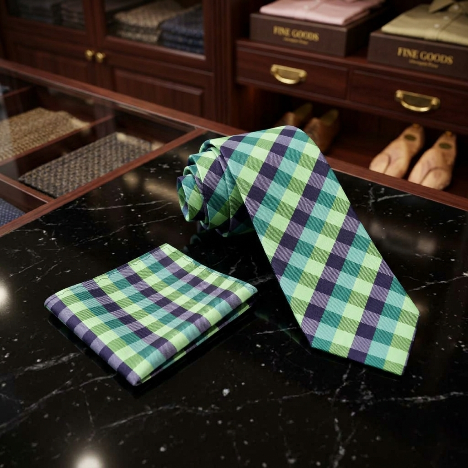 Alt View: A Green, Dark Green, Blue Geometric Check Pattern Necktie, Matching Pocket Square
