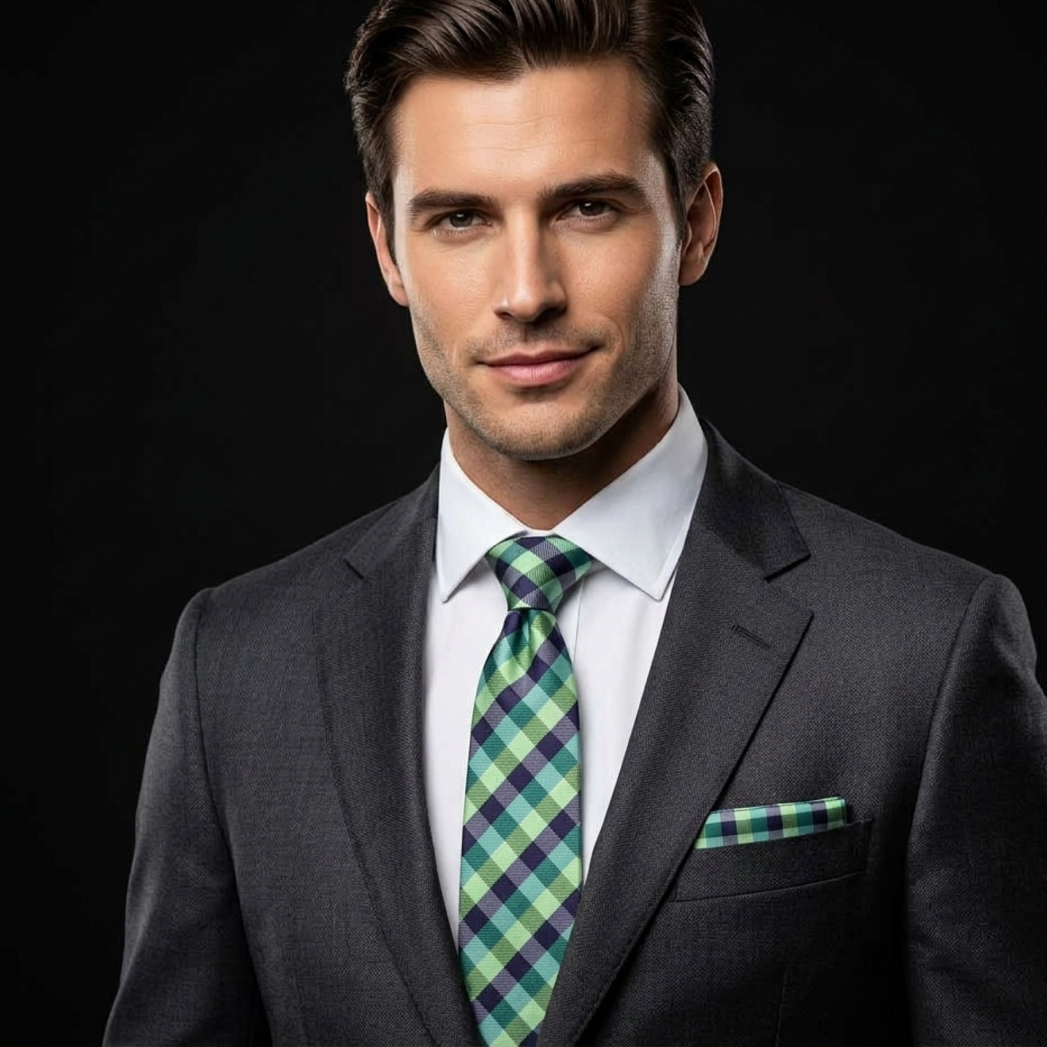 Man wearing a gray suit with a green and blue plaid tie and pocket square on a black background