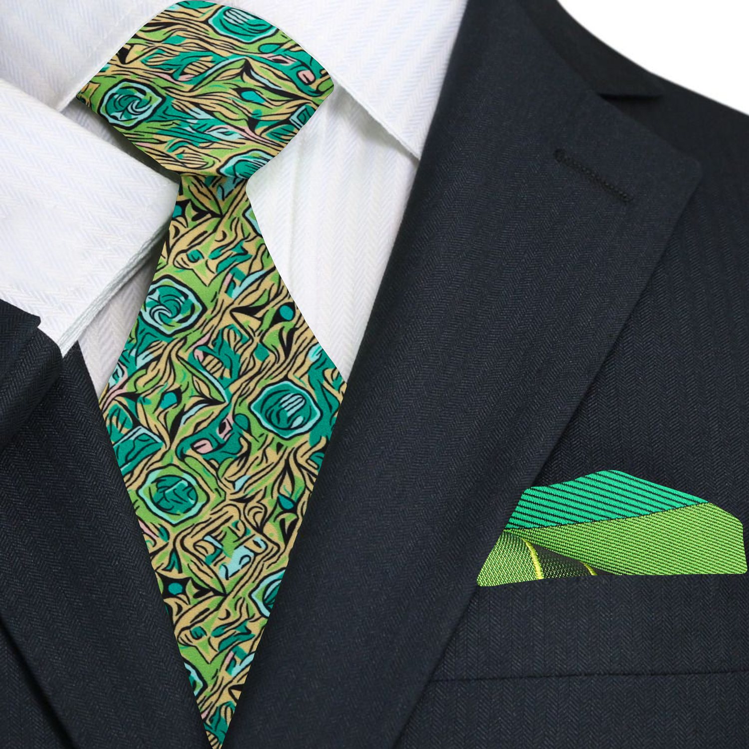 Shades of Green and Yellow Abstract Necktie and Square