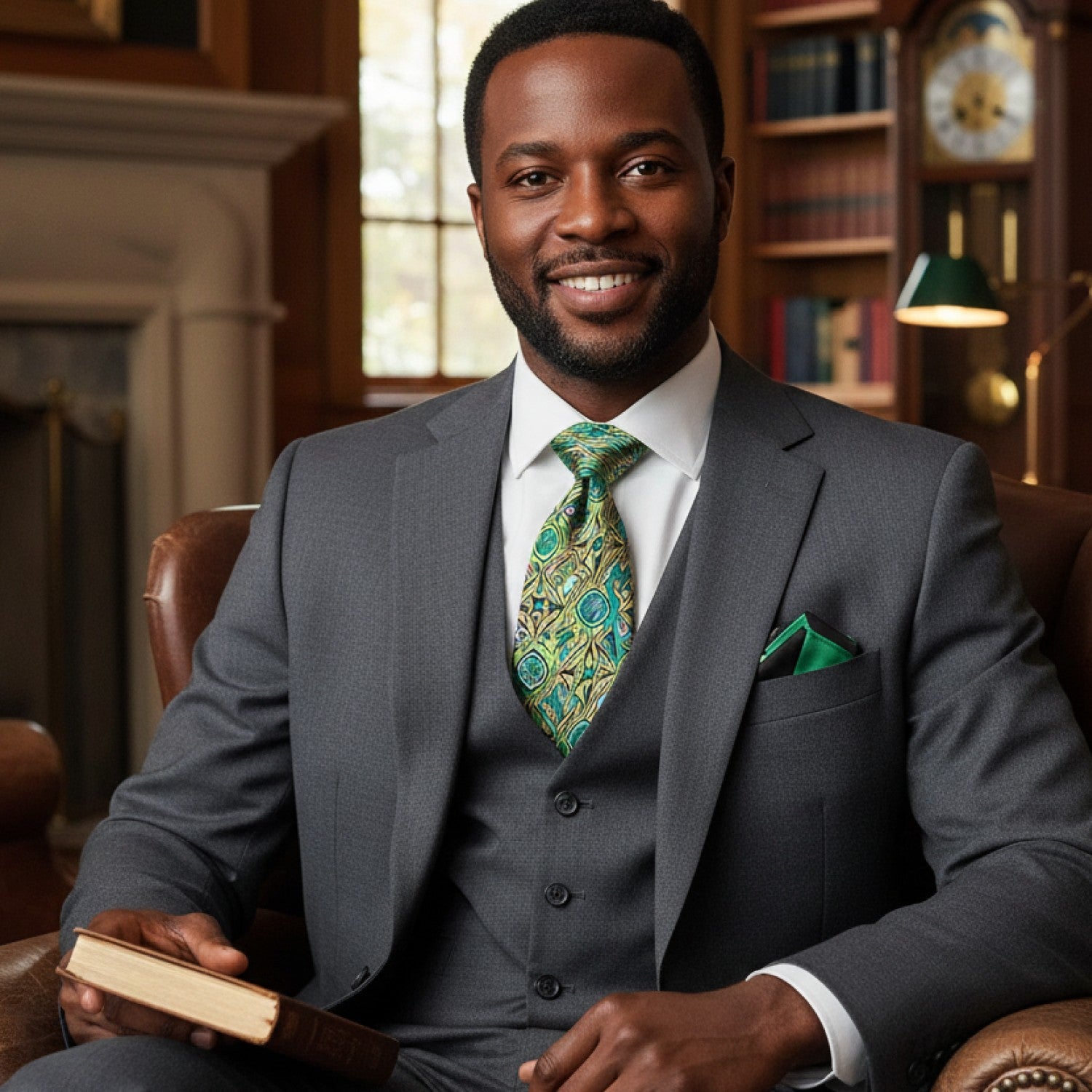 Man in a gray suit with a green tie and pocket square, holding a book in a room with bookshelves.