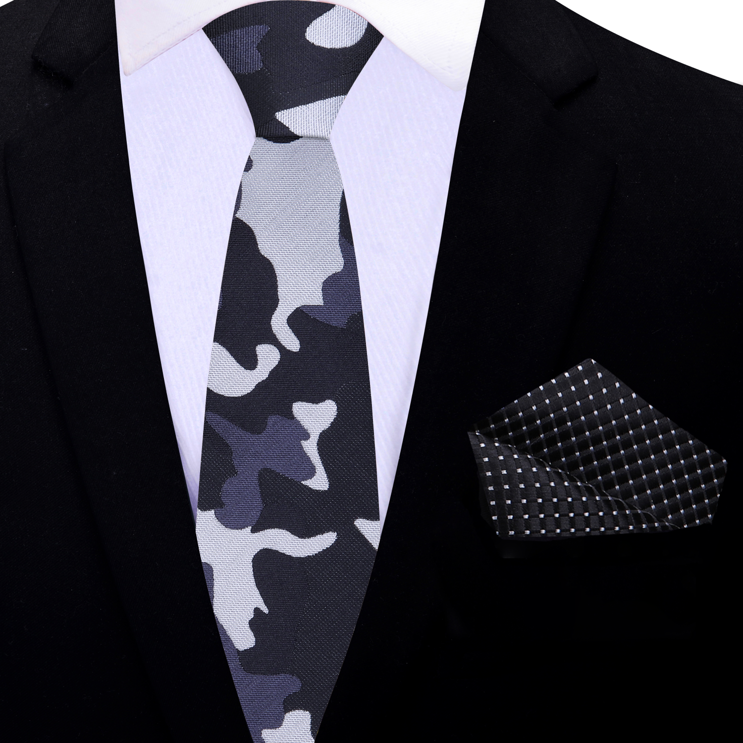Thin Shades of Grey and Black Camo Necktie and Accenting Square