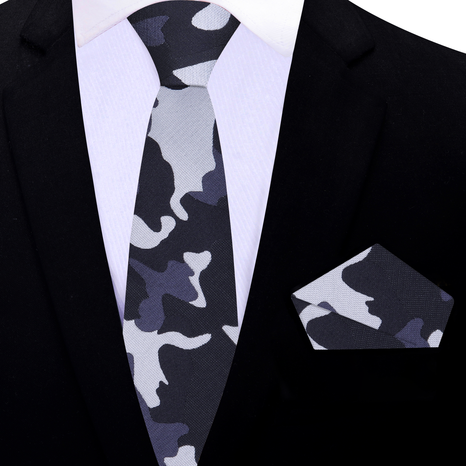 Thin Shades of Grey and Black Camo Necktie and Square