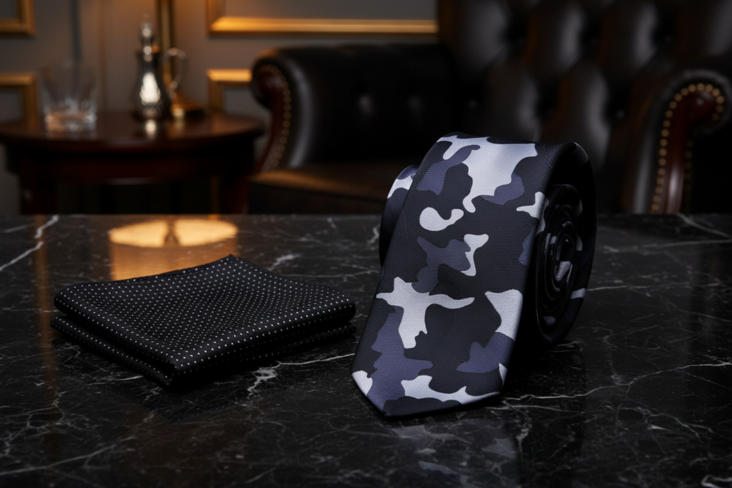 Alt Shades of Grey and Black Camo Necktie and Accenting Square