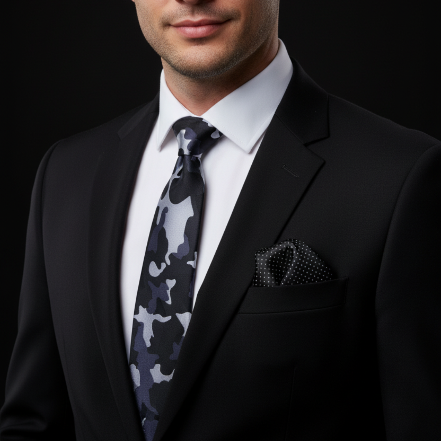 Black and Grey Camo Tie and Accenting Black Geometric Square on man