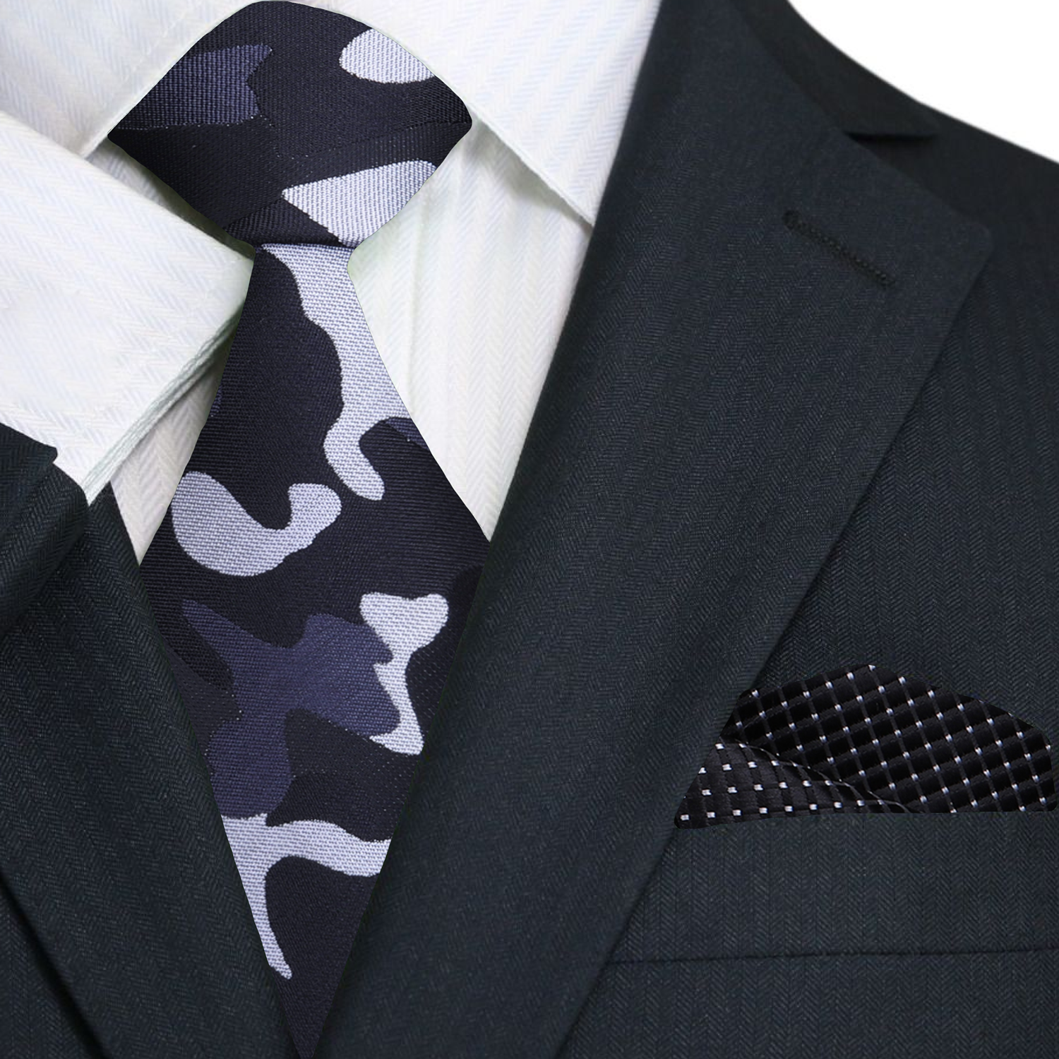 Shades of Grey and Black Camo Necktie and Accenting Square