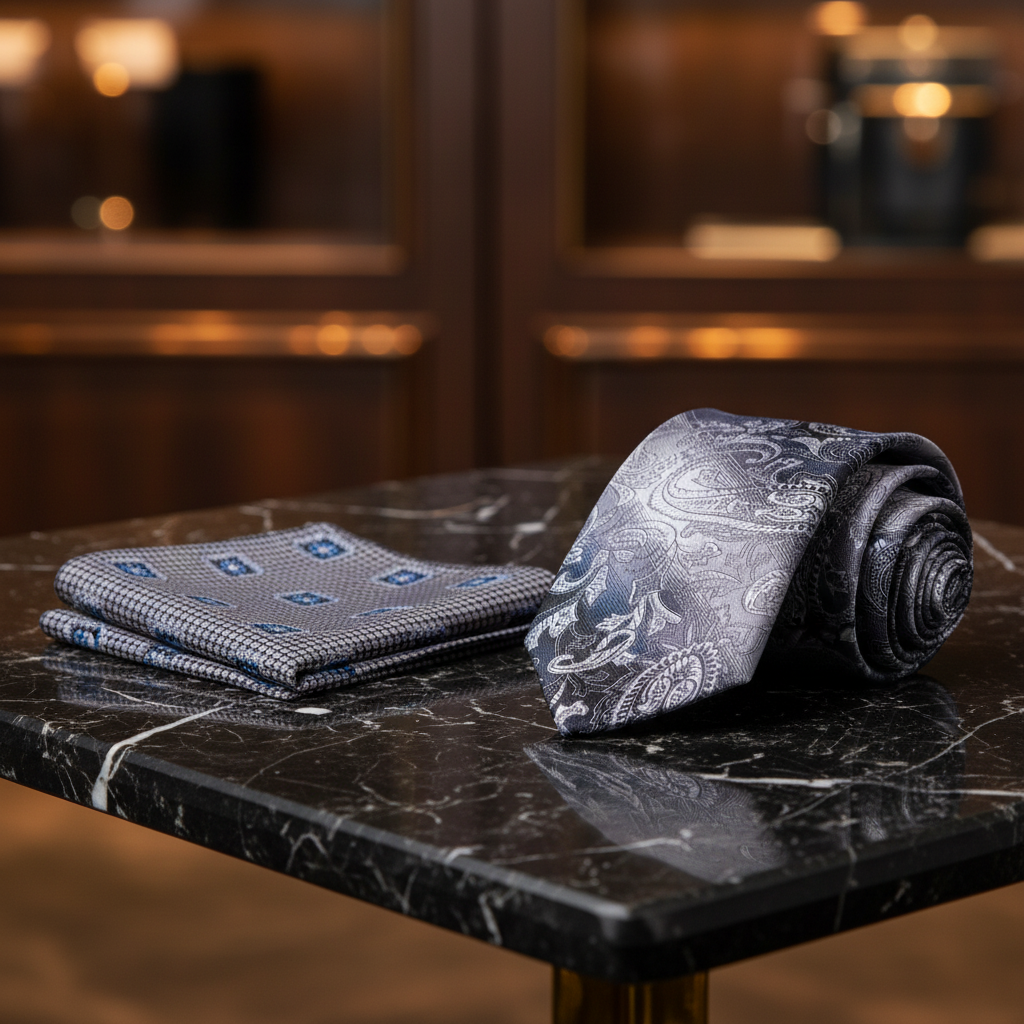 Grey and Silver Paisley Necktie and Accenting Grey Pocket Square View 2