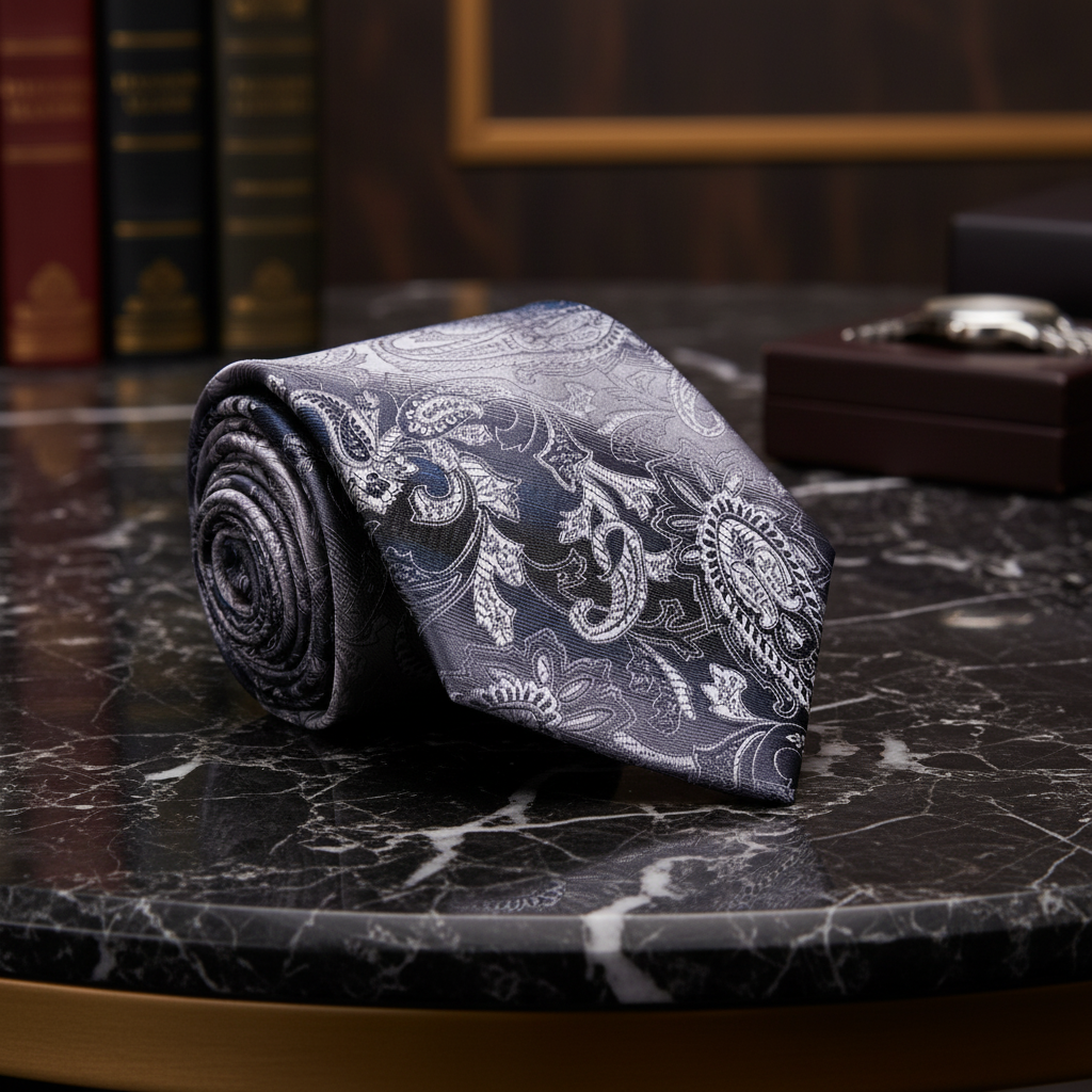 Grey and Silver Paisley Necktie 