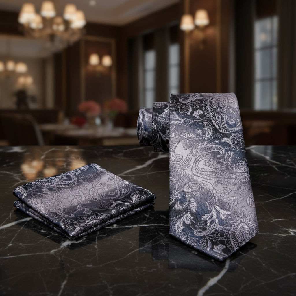 View 2: Grey and Silver Paisley Necktie and  Pocket Square