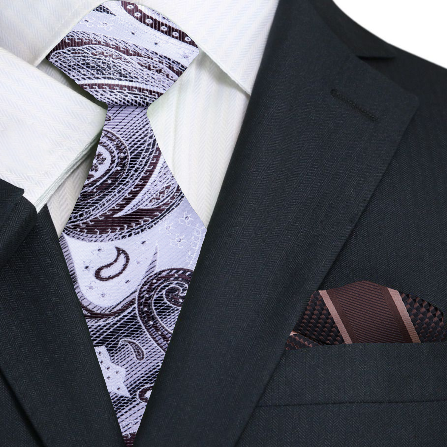 Main A White, Grey, Brown Paisley Pattern Necktie, With Brown Stripe Pocket Square