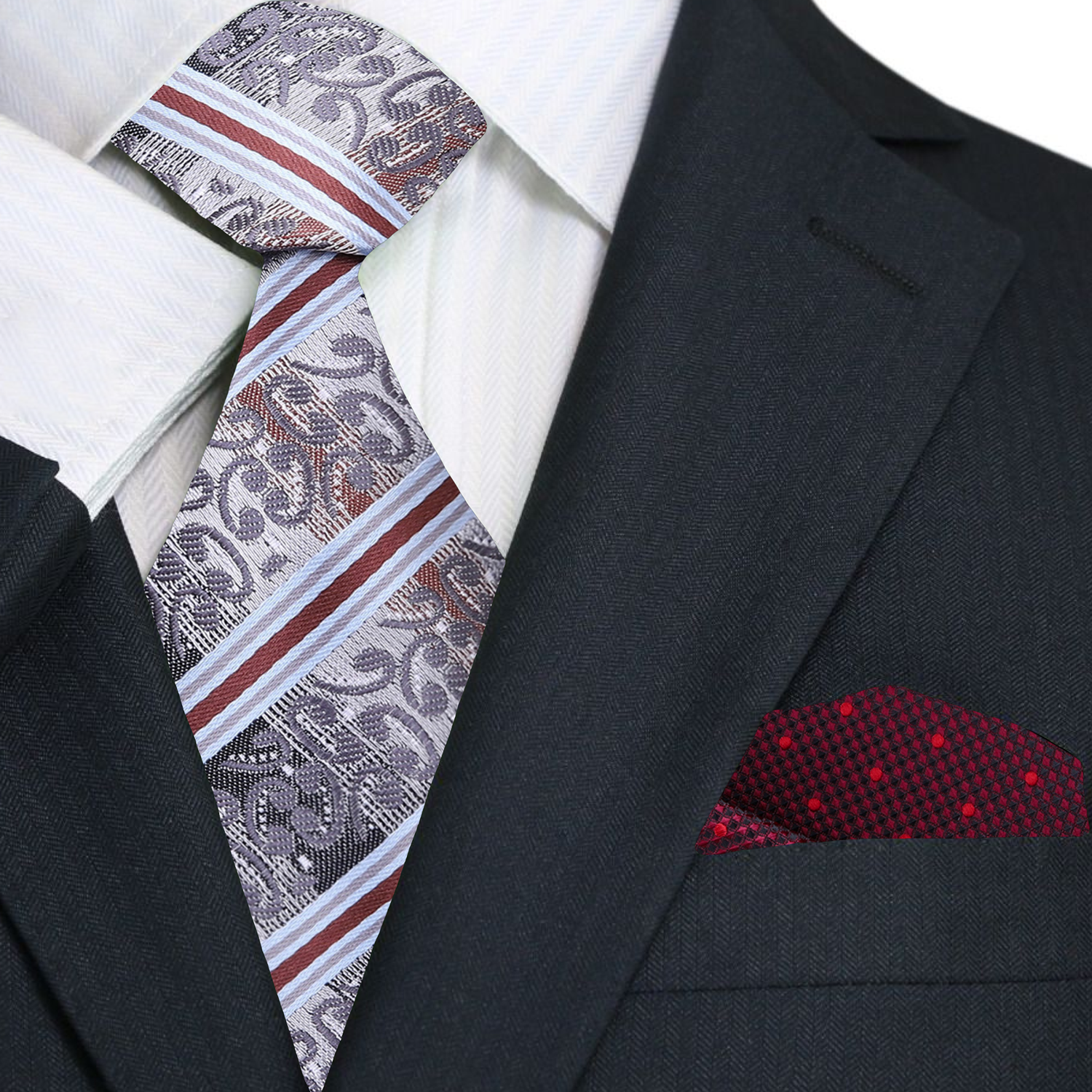 Shades of Grey and Deep Red Stripe Paisley Necktie and Accenting Red Square