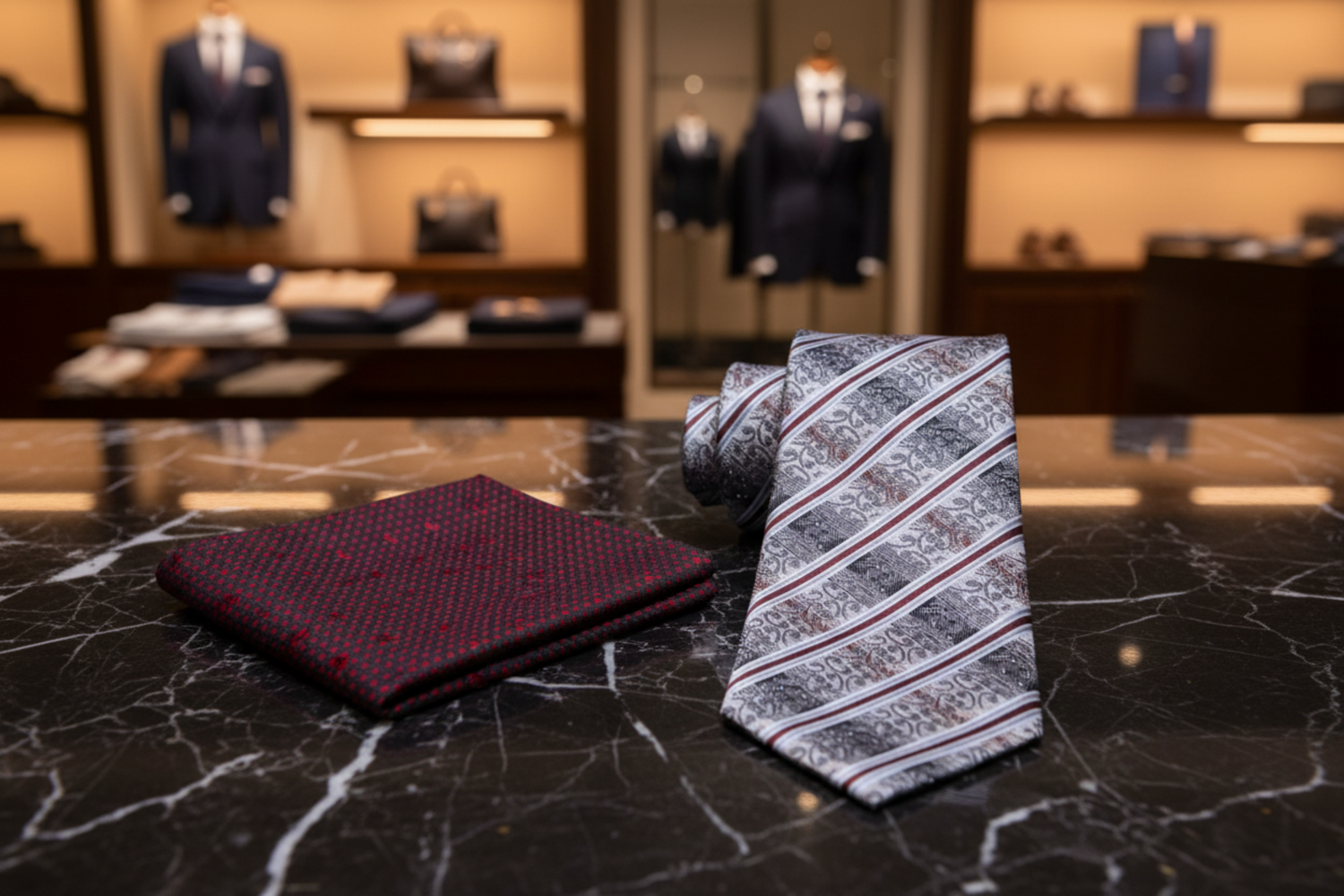 Alt Shades of Grey and Deep Red Stripe Paisley Necktie and Accenting Red Square