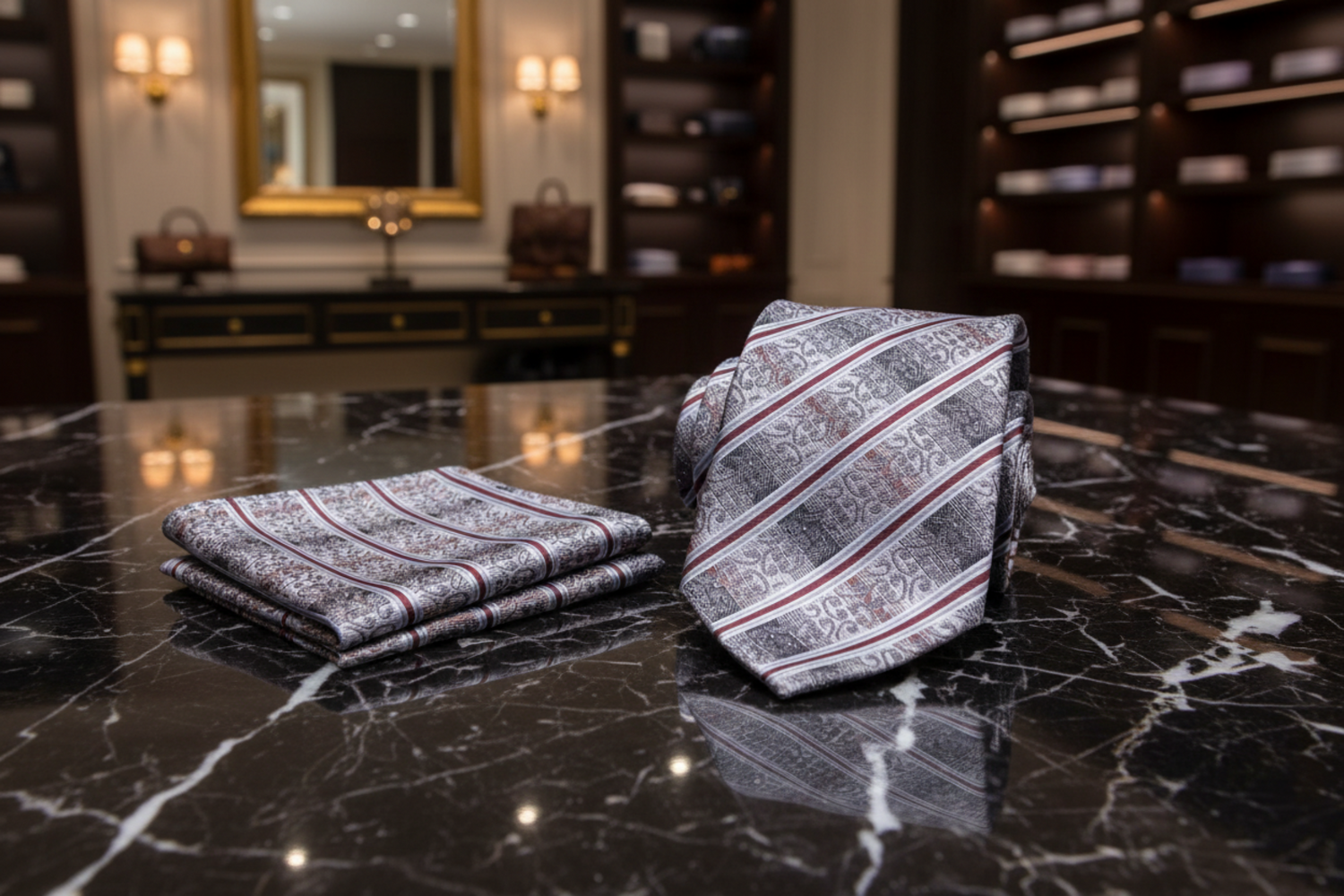Alt Shades of Grey and Deep Red Stripe Paisley Necktie and Matching Square