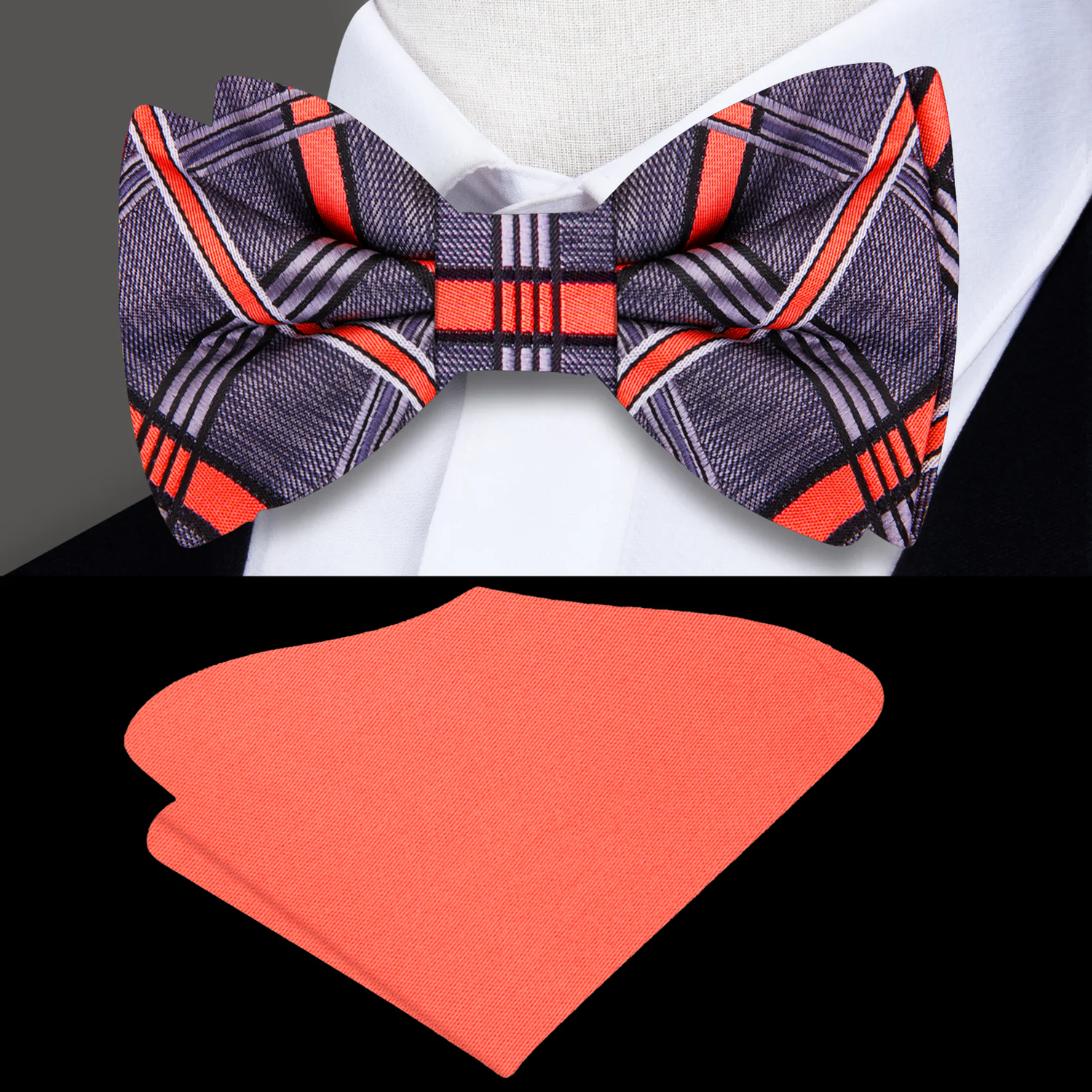 A Rich Grey With Coral Pattern Self Tie Bow Tie With Solid Coral Pocket Square||Grey, Career Coral