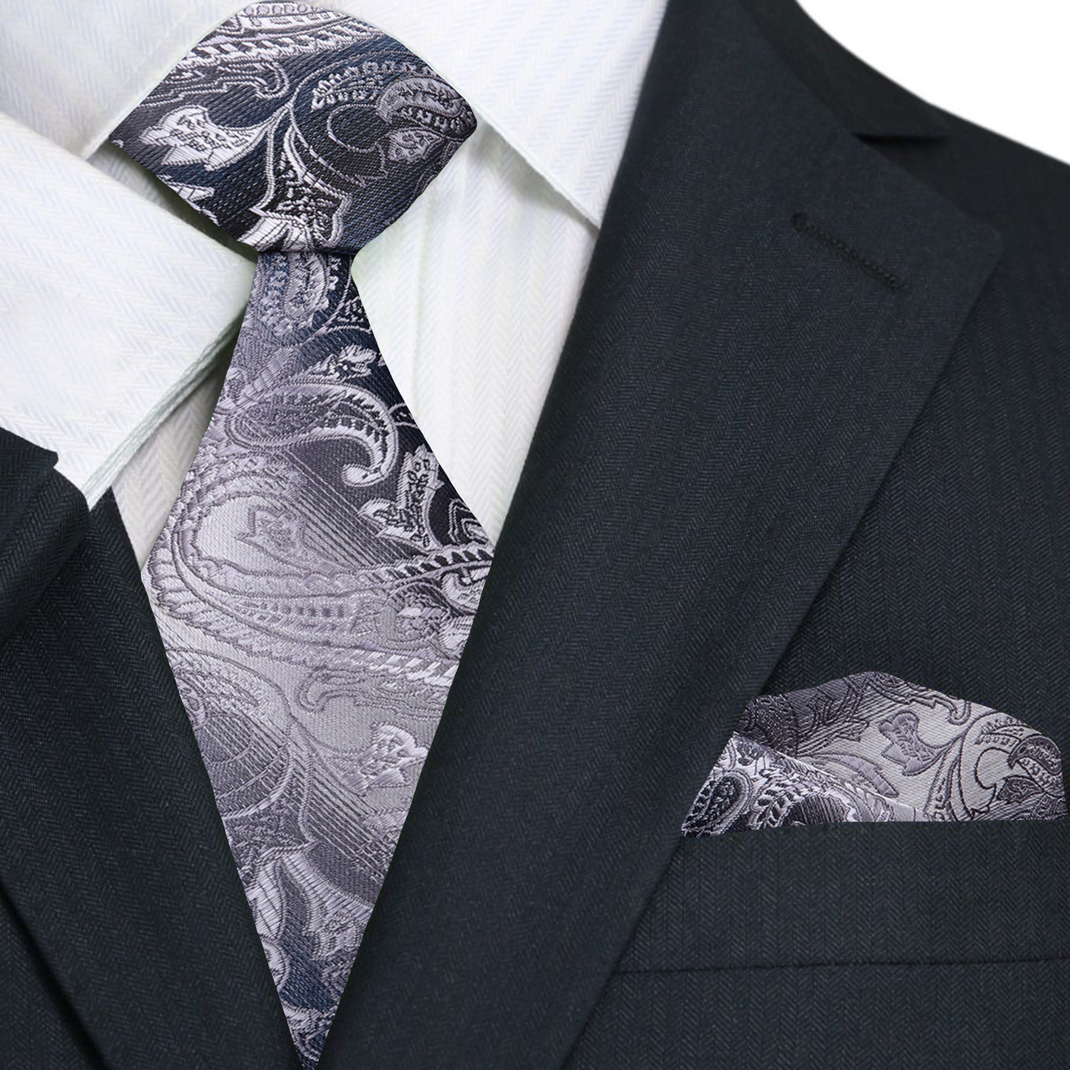 Main View: A Steel Grey, Light Grey Paisley Pattern Necktie, Matching Pocket Square