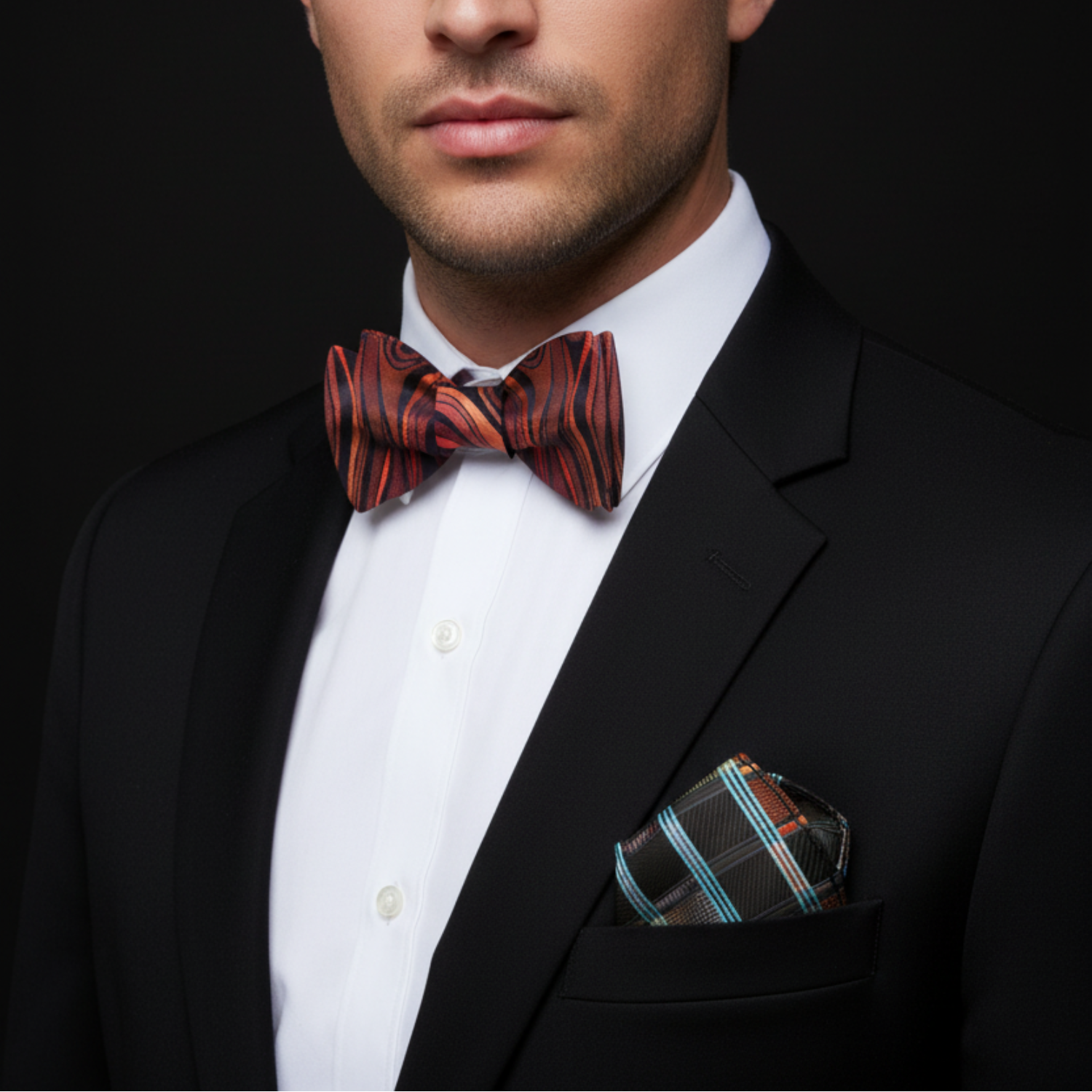 Man wearing a black suit with a red, orange and grey patterned bow tie and matching pocket square on a dark background