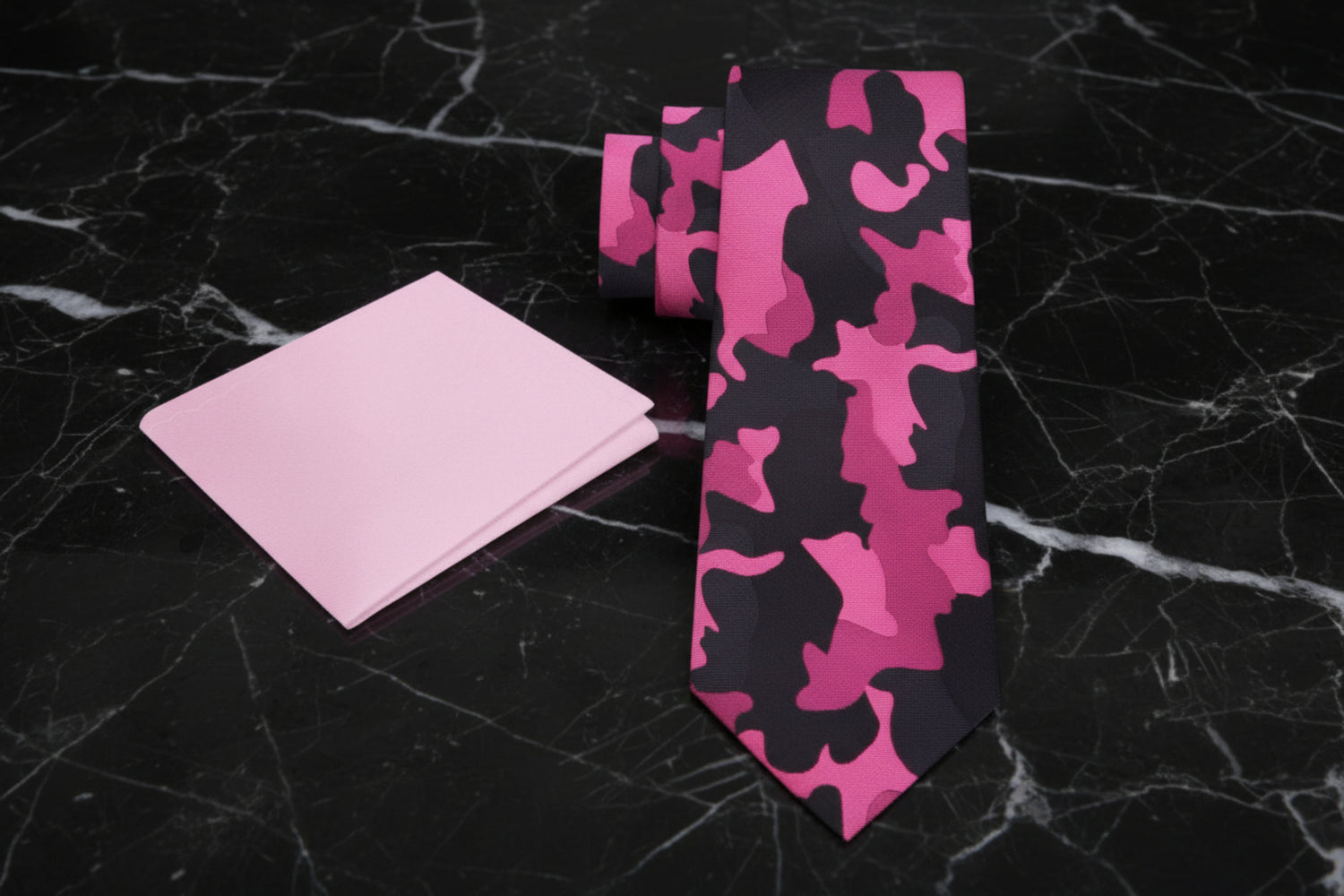 Alt Shades of Pink Black Camo Fleck Tie and Pink Square