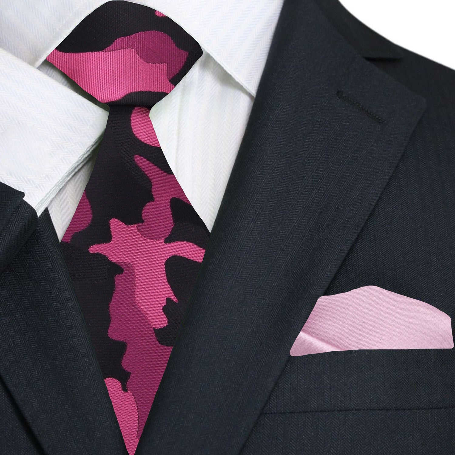 Shades of Pink Black Camo Fleck Tie and Pink Square