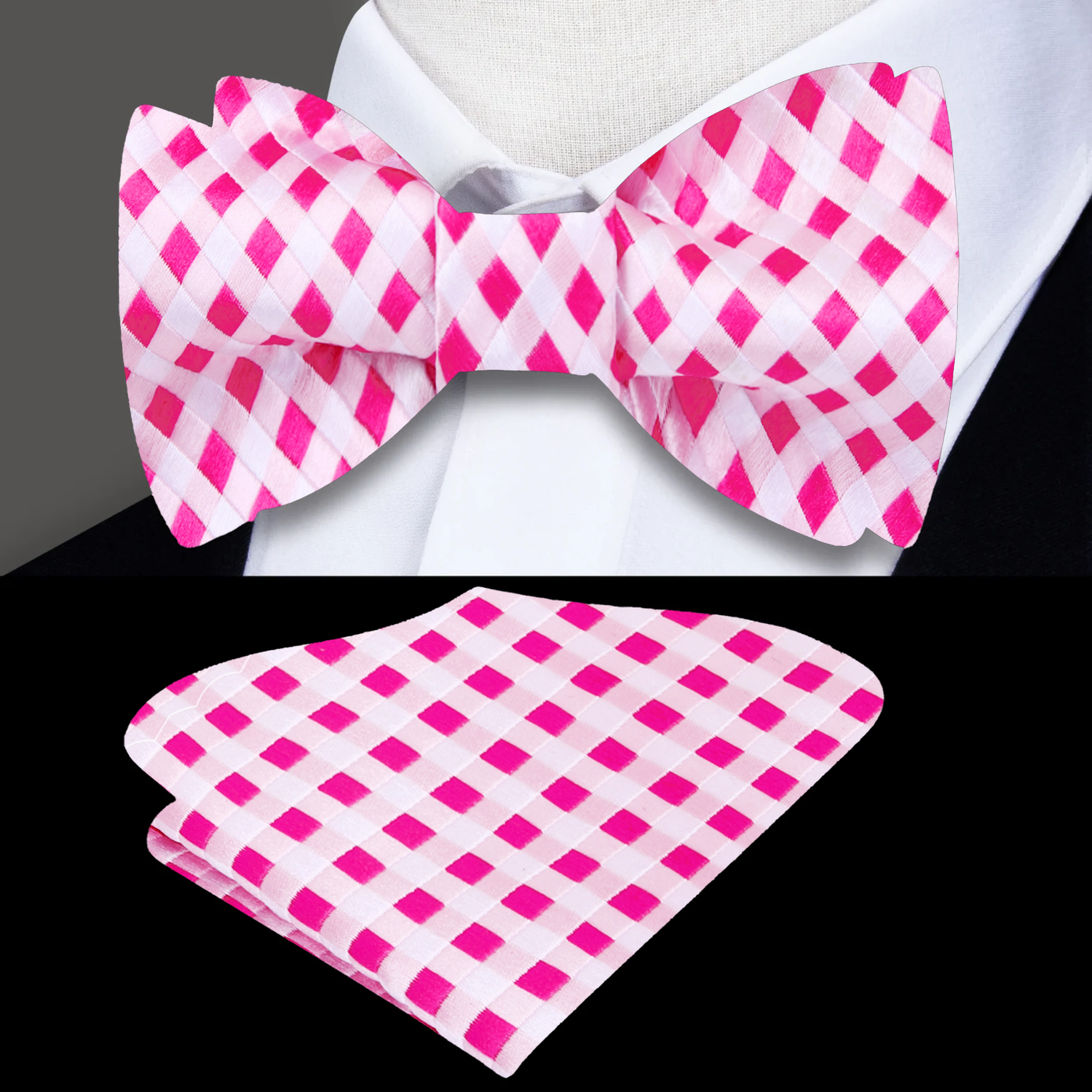 Pink and White Check Bow Tie and Square