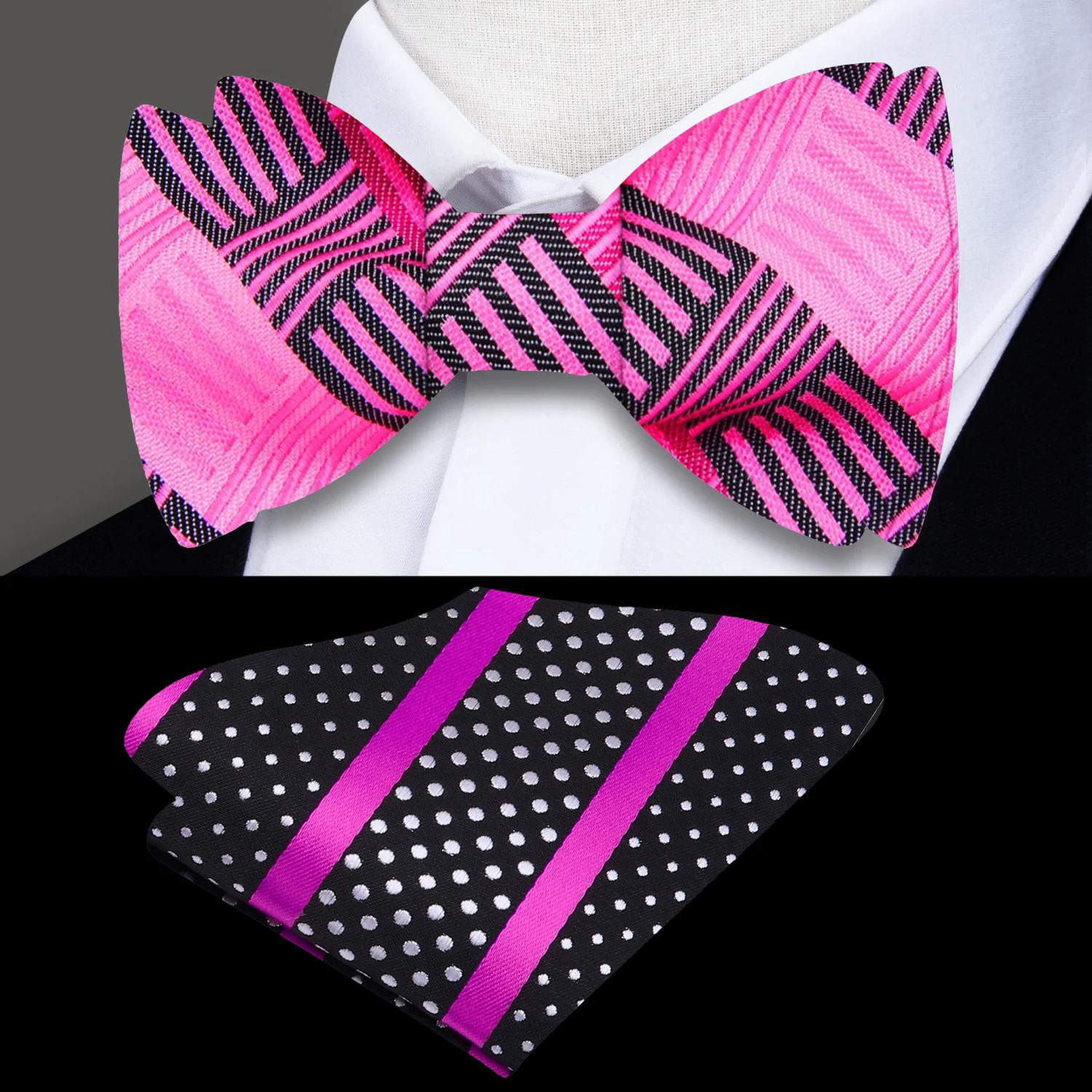 A Pink, Dark Pink Geometric Diamonds Pattern Self Tie Bow Tie, Accenting Pocket Square