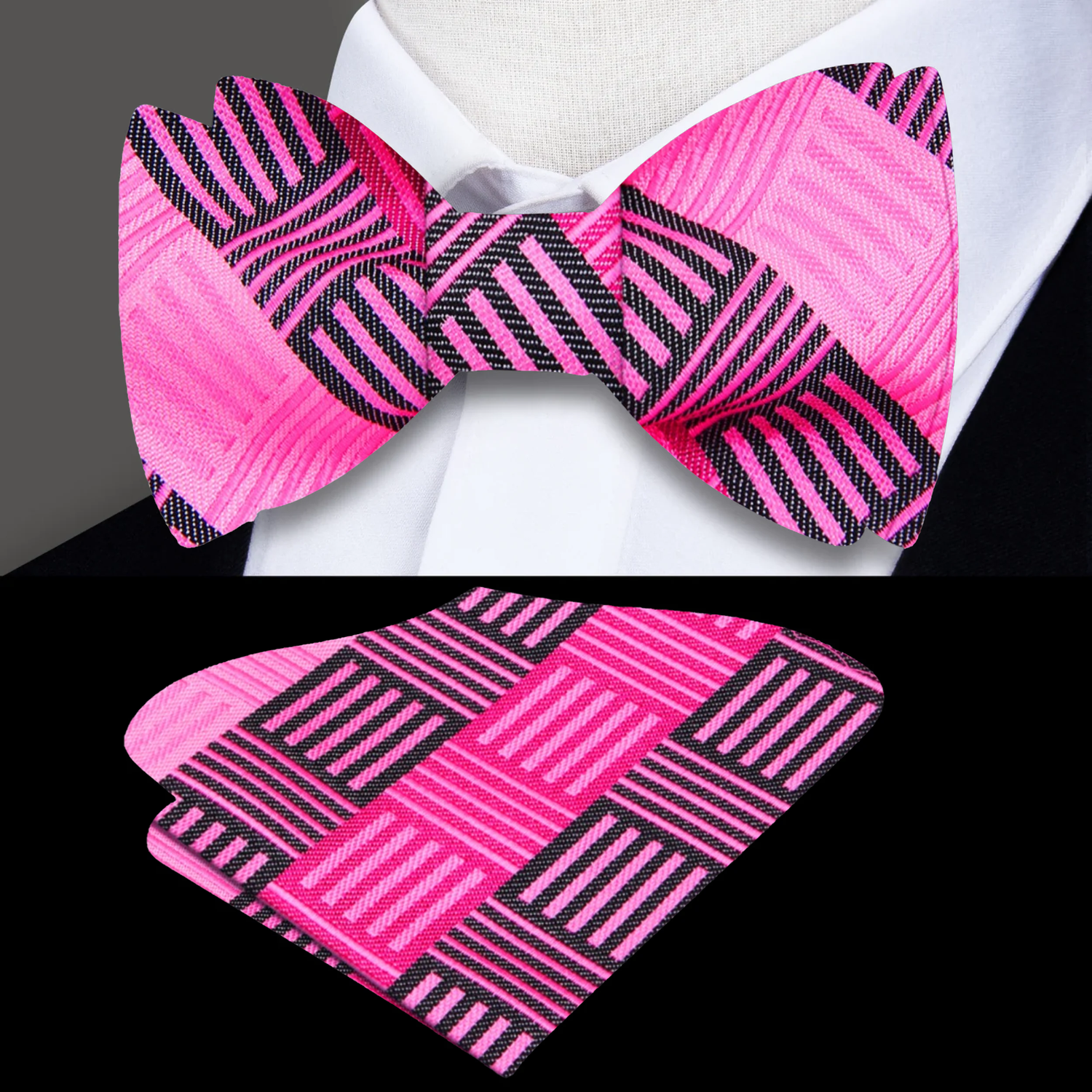 A Pink, Dark Pink Geometric Diamonds Pattern Self Tie Bow Tie, Matching Pocket Square