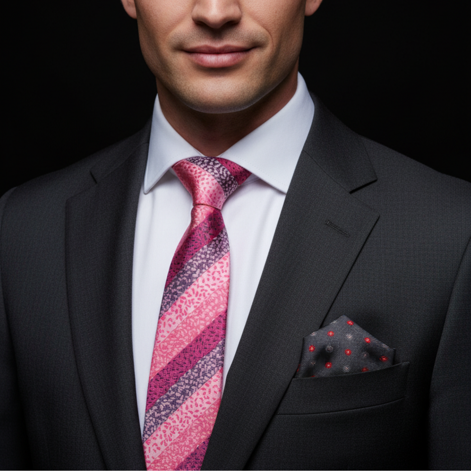 Man wearing a black suit with a pink and purple striped tie and matching pocket square on a black background