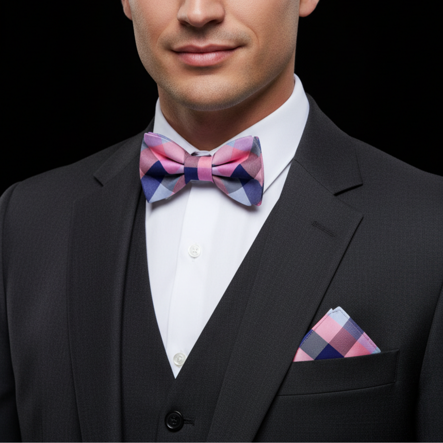 Man wearing a black suit with a pink and blue checkered bow tie and pocket square on a black background