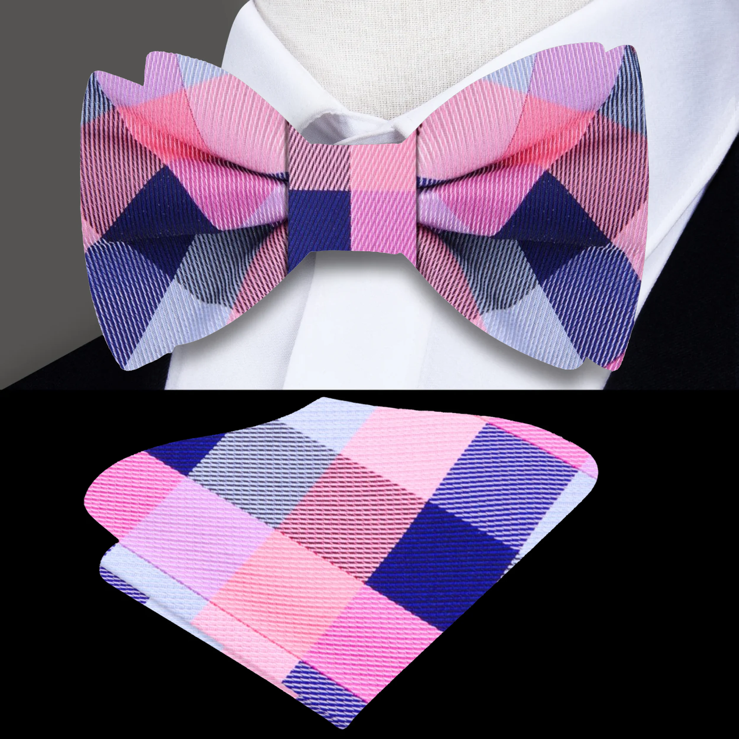 A display of a bow tie with a buffalo check pattern in blue and pink colors, paired with a matching pocket square, presented in a flat lay arrangement.