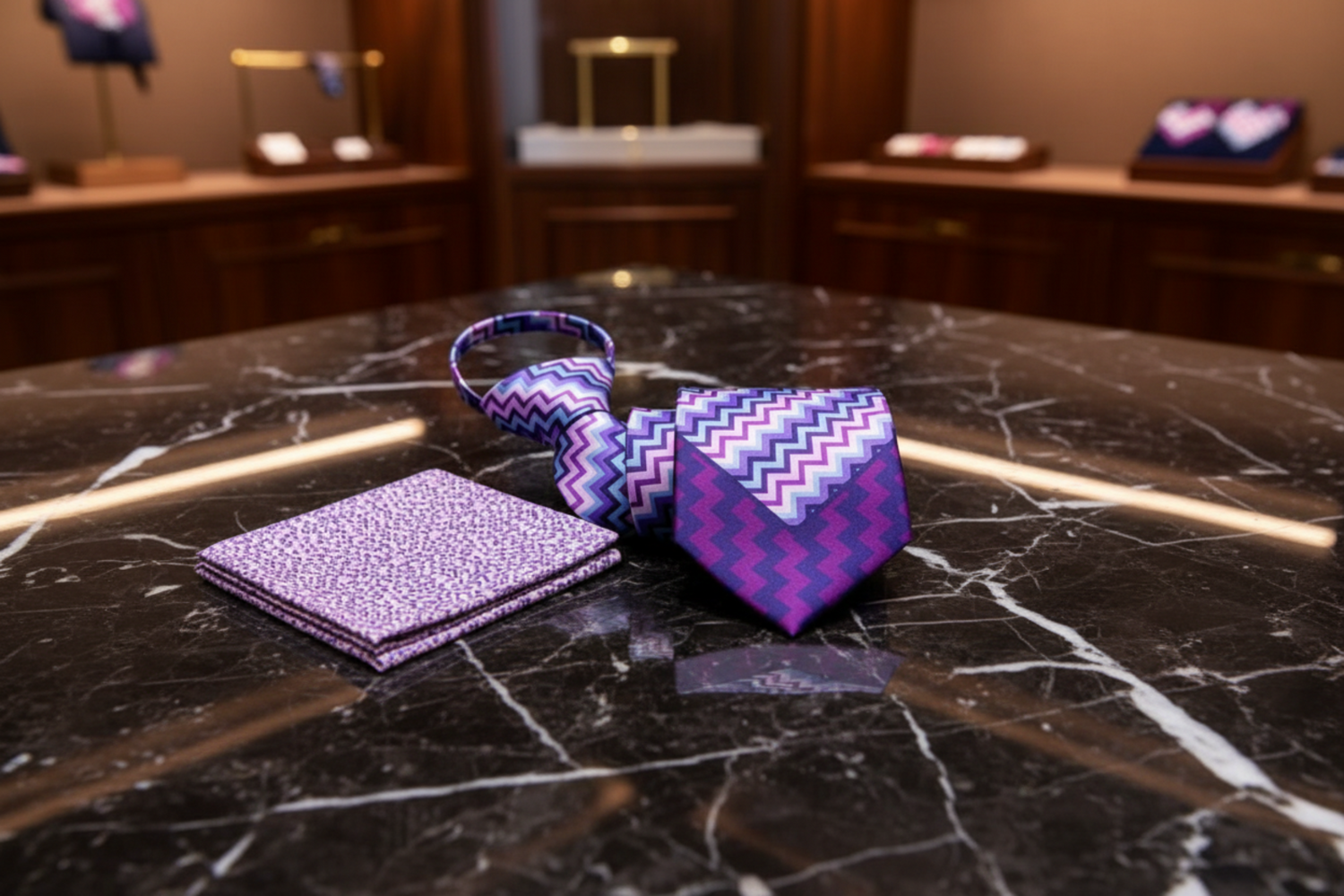 Accenting Purple, Pink, Blue Jagged Lines Tie and Accenting Pocket Square