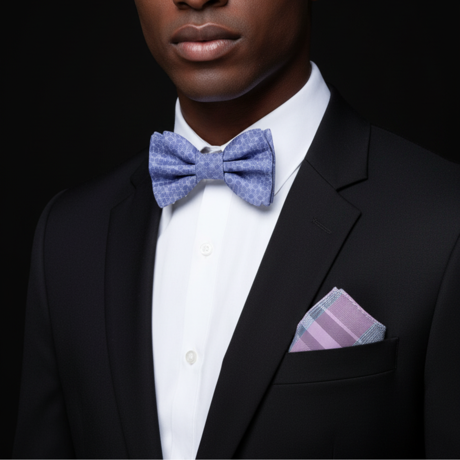 Man wearing a black suit with a blue bow tie and striped pocket square on a black background