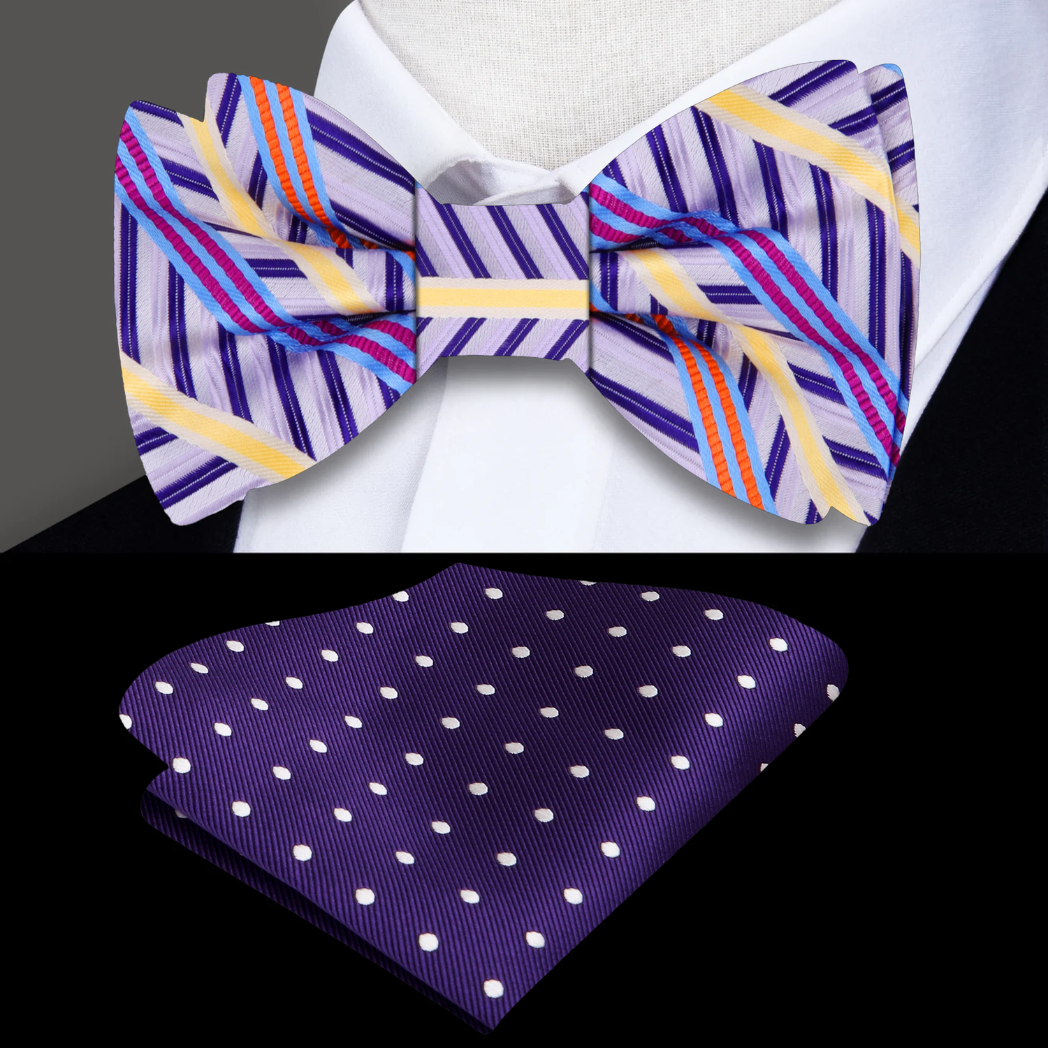 Light Purple, Purple, Yellow Stripe Bow Tie And Accenting Pocket Square
