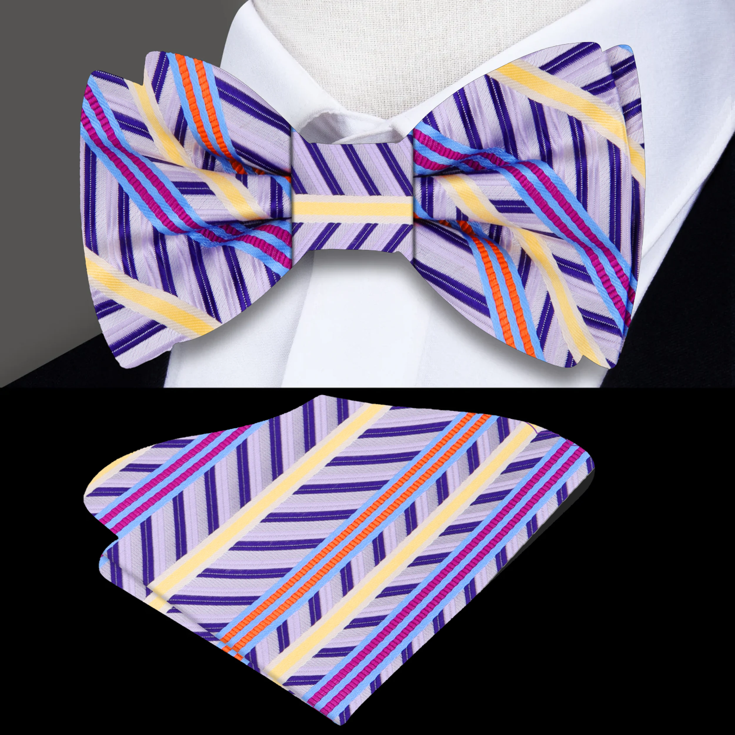 Light Purple, Purple, Yellow Stripe Bow Tie And Pocket Square