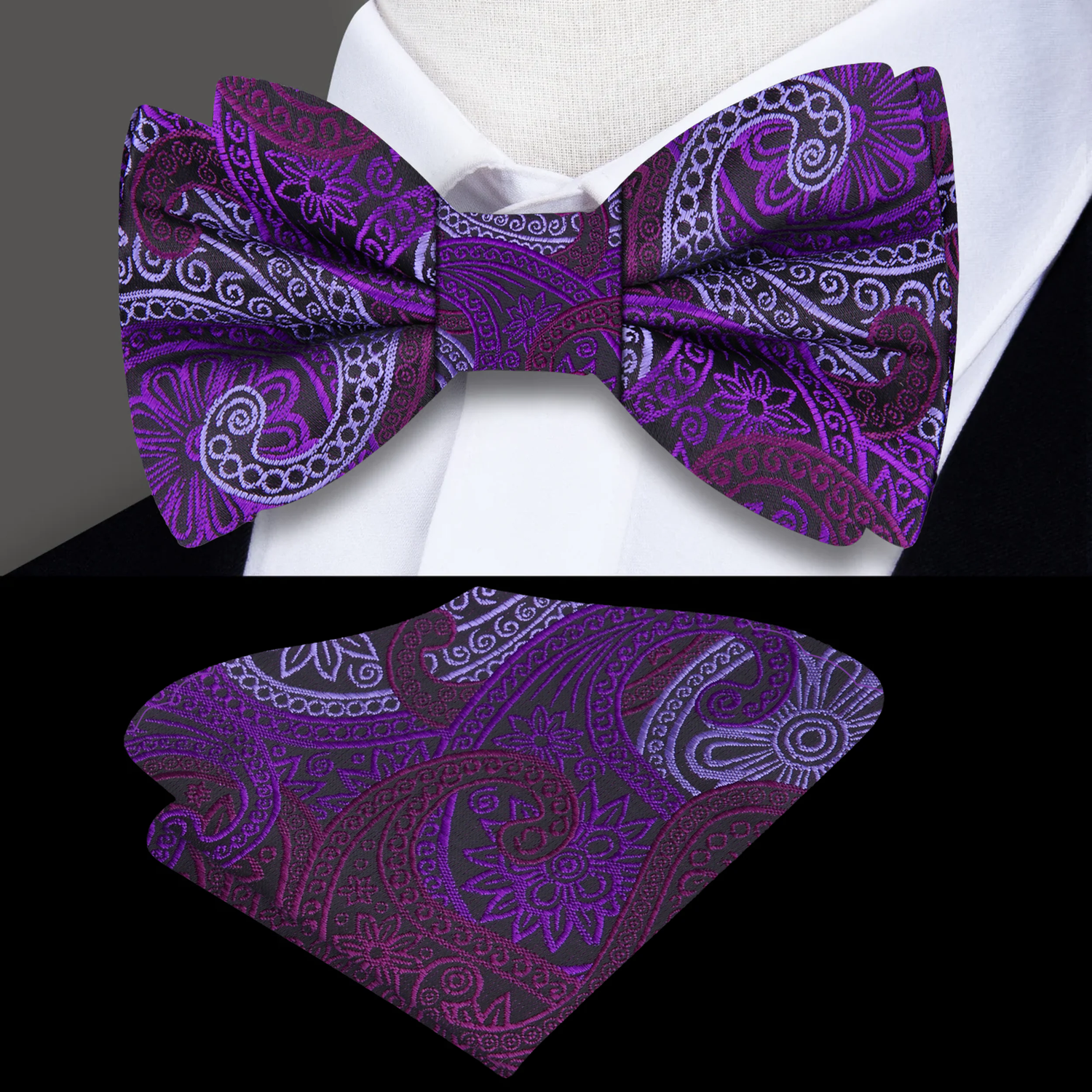 A black, gold, and grey paisley bow tie paired with a matching pocket square, displayed on a white dress shirt.