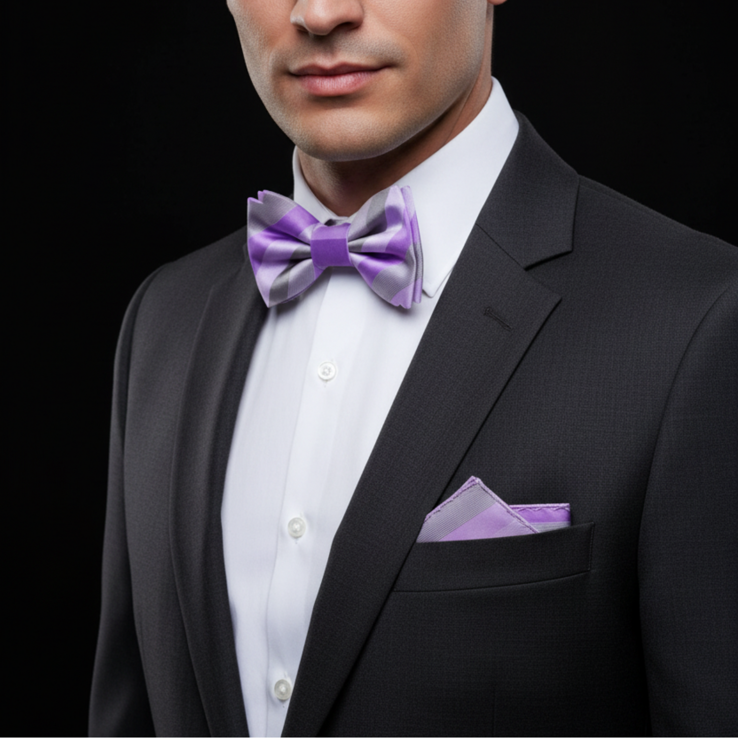 Man wearing a black suit with a purple bow tie and pocket square on a black background