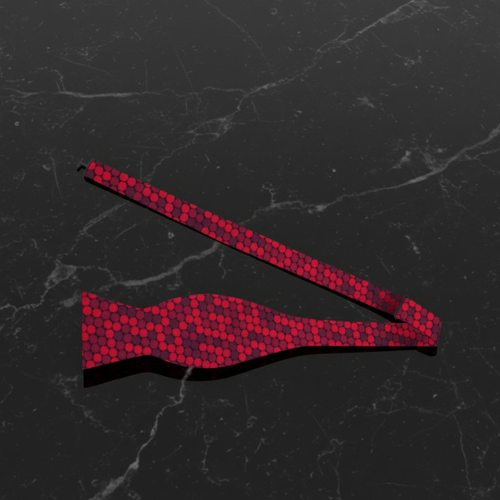 Red bow tie with black pattern on a dark marble surface