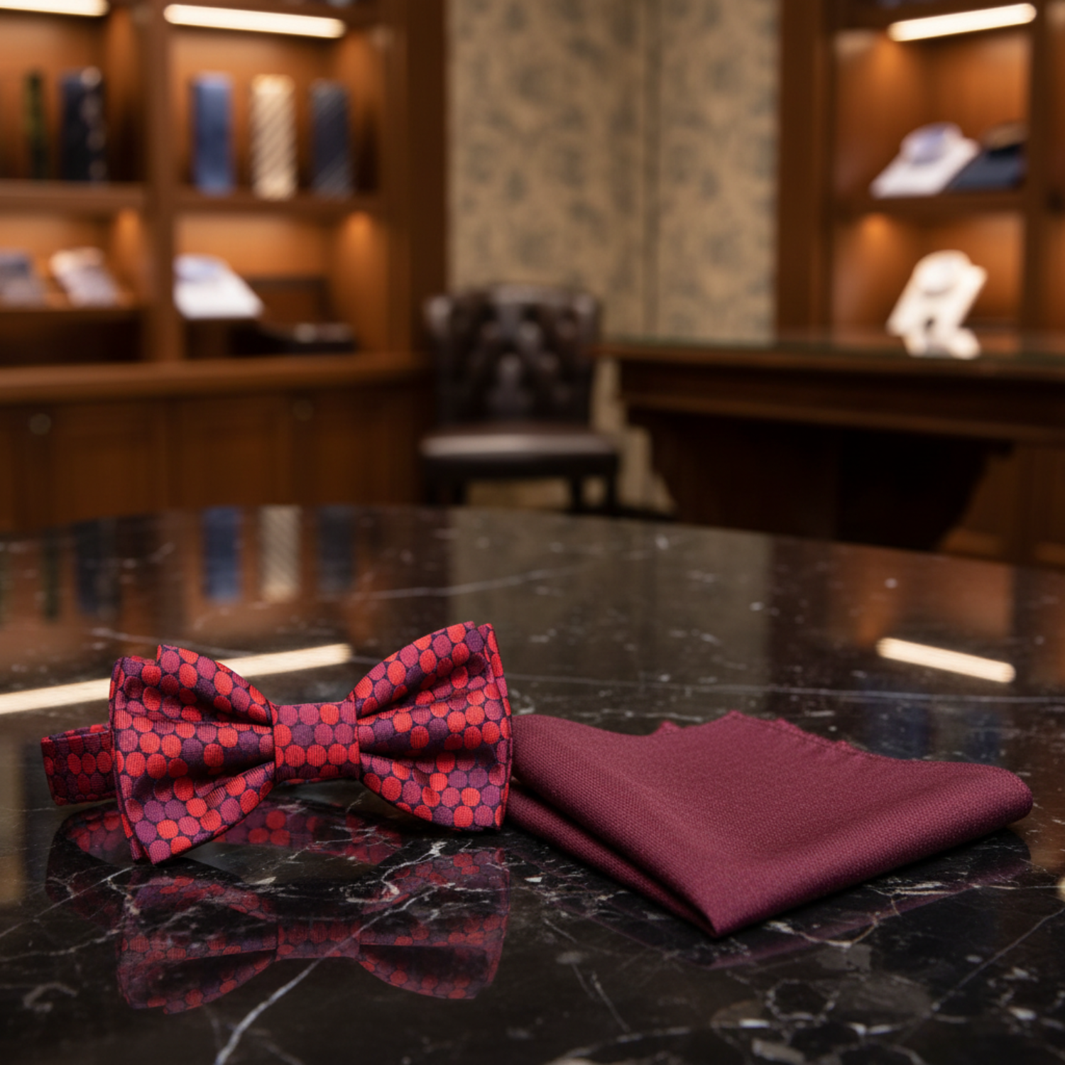 red patterned polka bow tie and red pocket square