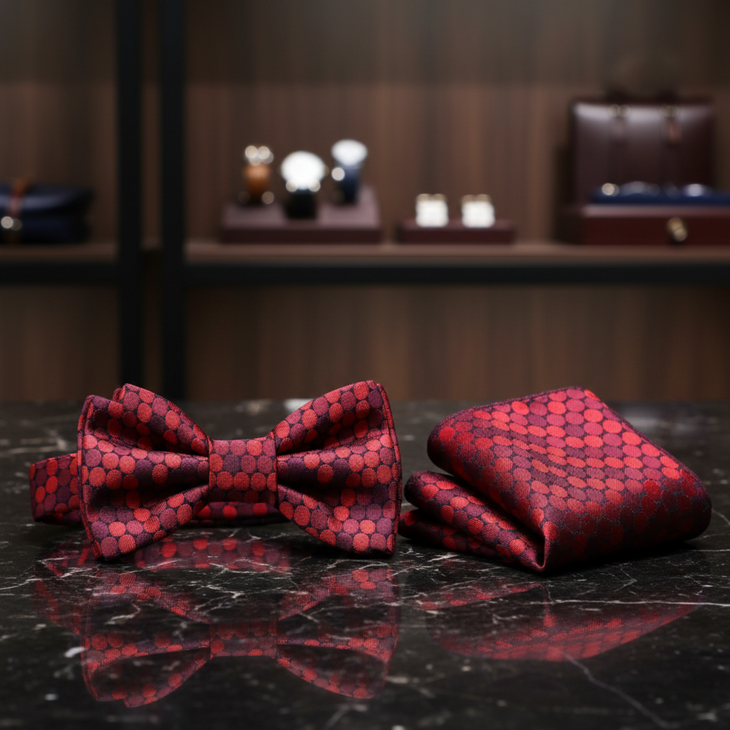 red patterned polka bow tie and pocket square
