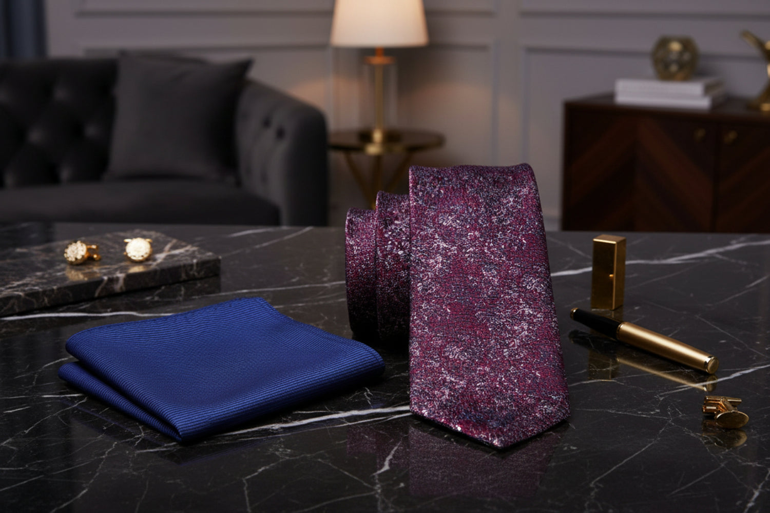 red and blue tie on a dark marble surface with decorative items.