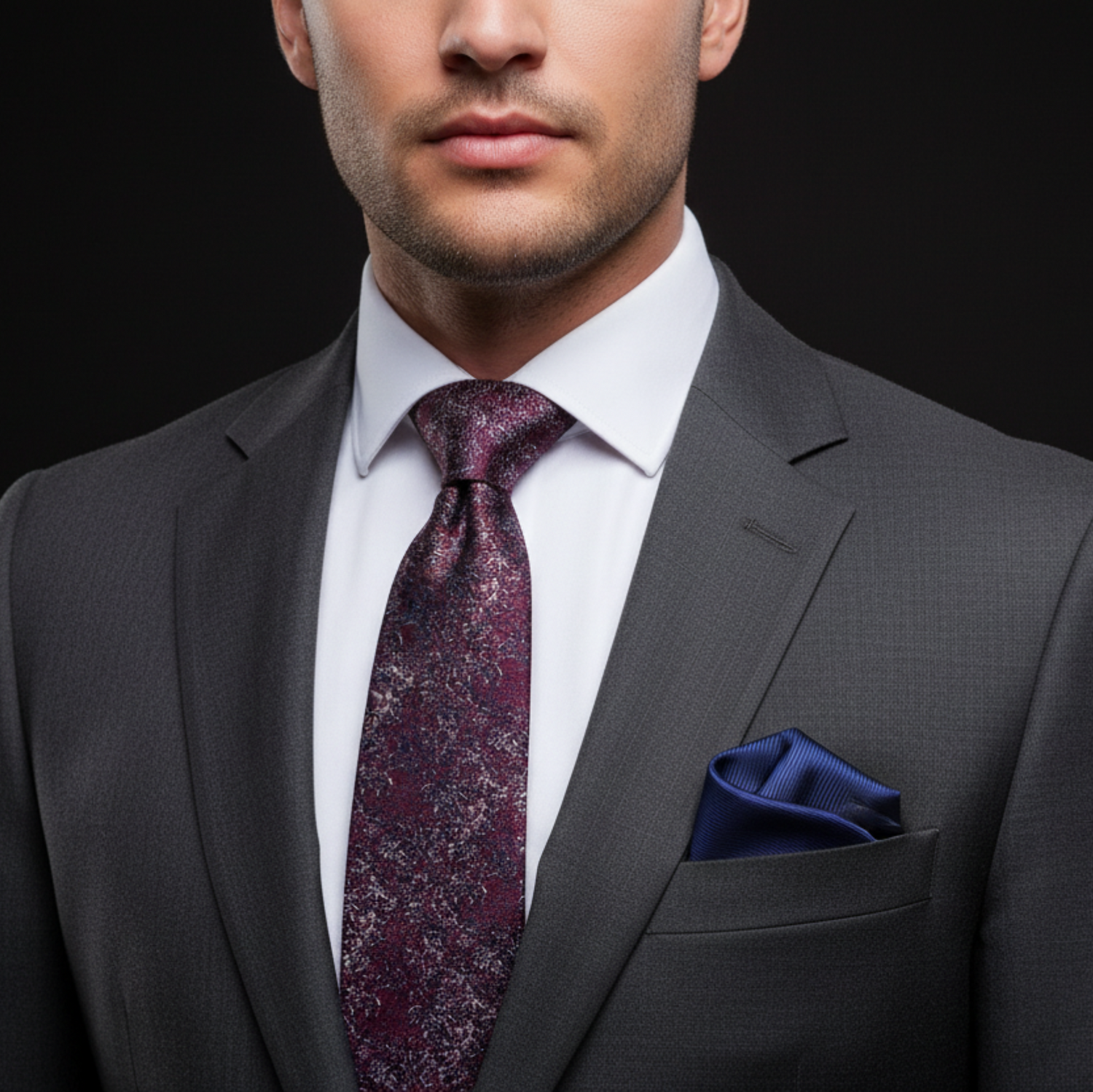 Man wearing a gray suit with a purple tie and blue pocket square on a black background