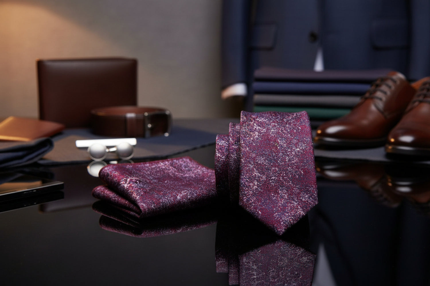 red and blue patterned tie and pocket square 