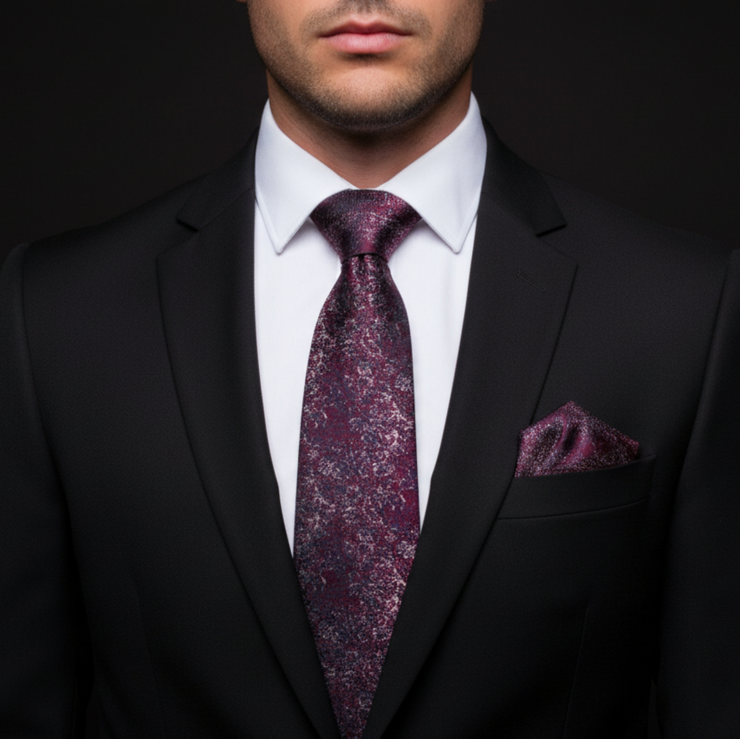 Man wearing a black suit with a white shirt, red and blue patterned tie, and matching pocket square.
