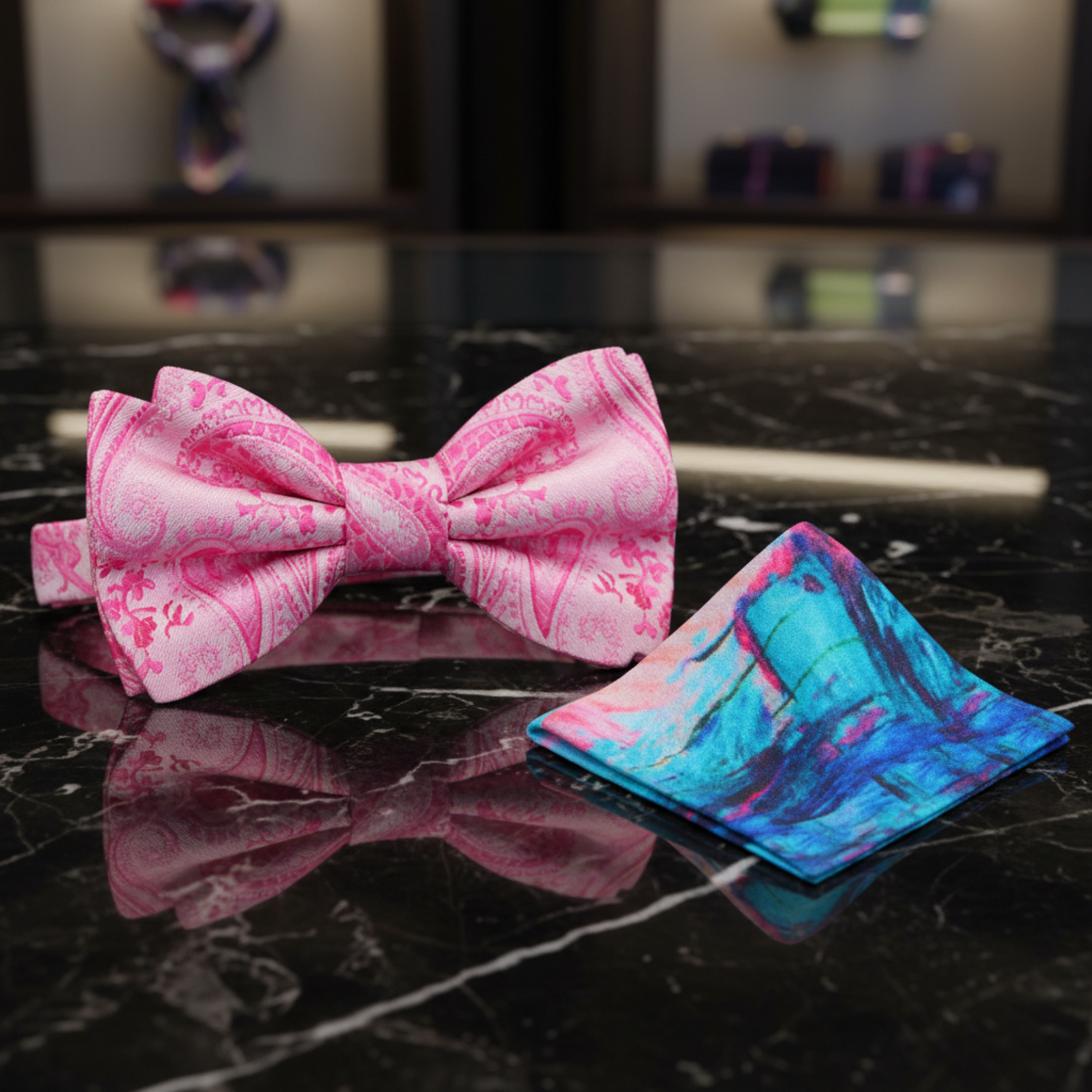 Shades of Pink Paisley Bow Tie and Accenting Pocket Square
