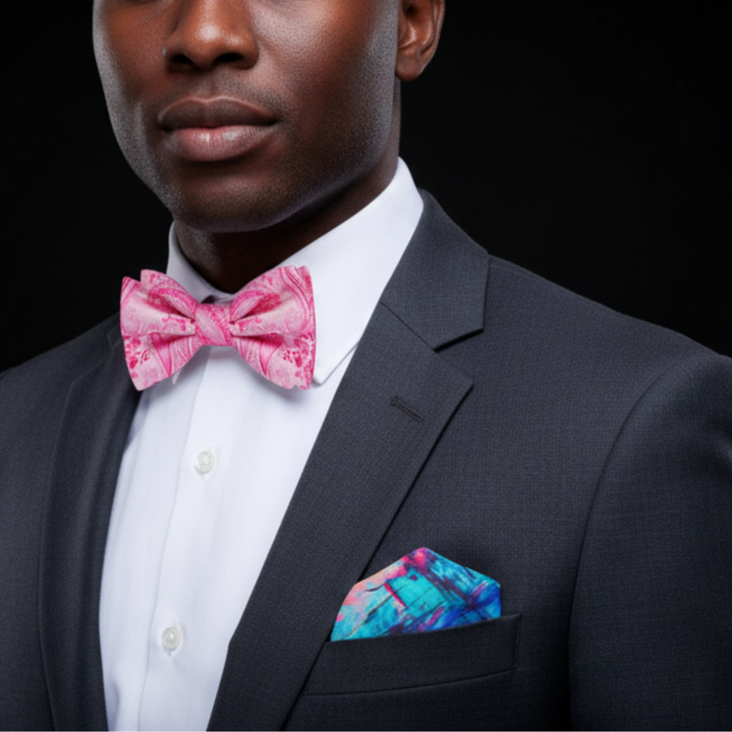Man wearing pink paisley bow tie and accenting square with grey suit