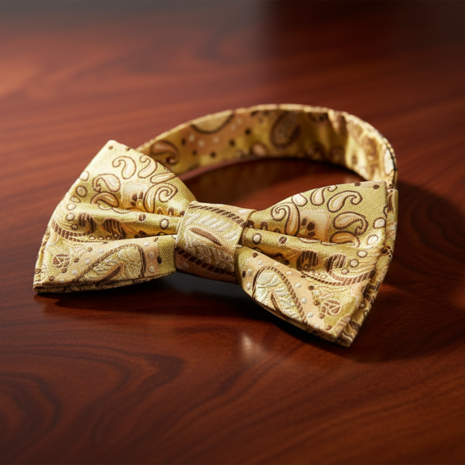 A Gold, Brown Paisley Pattern Self Tie Bow Tie Pre Tied