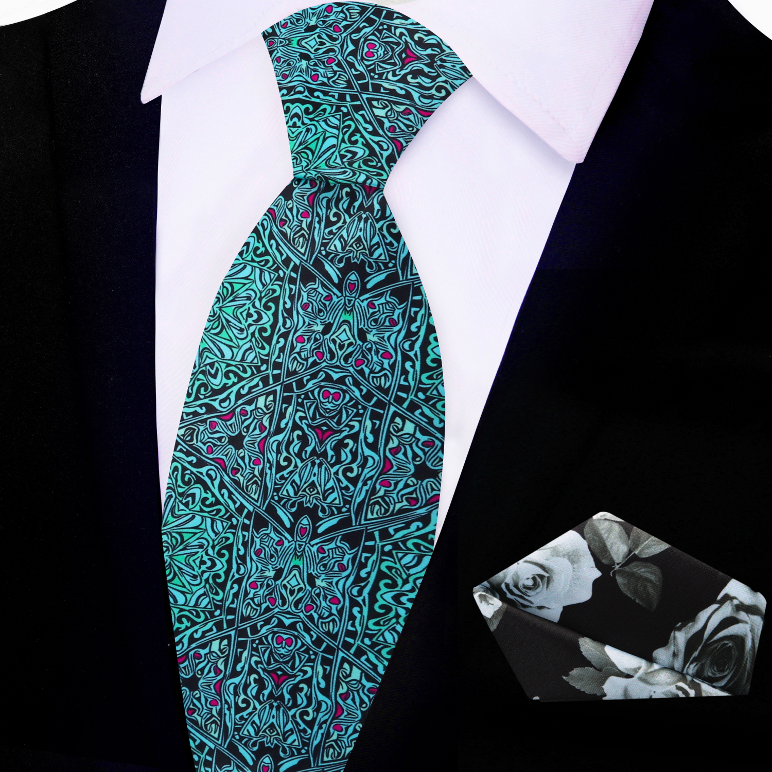 View 2 Black, Light Blue Abstract Tie and Accenting Black, Grey Flower Square