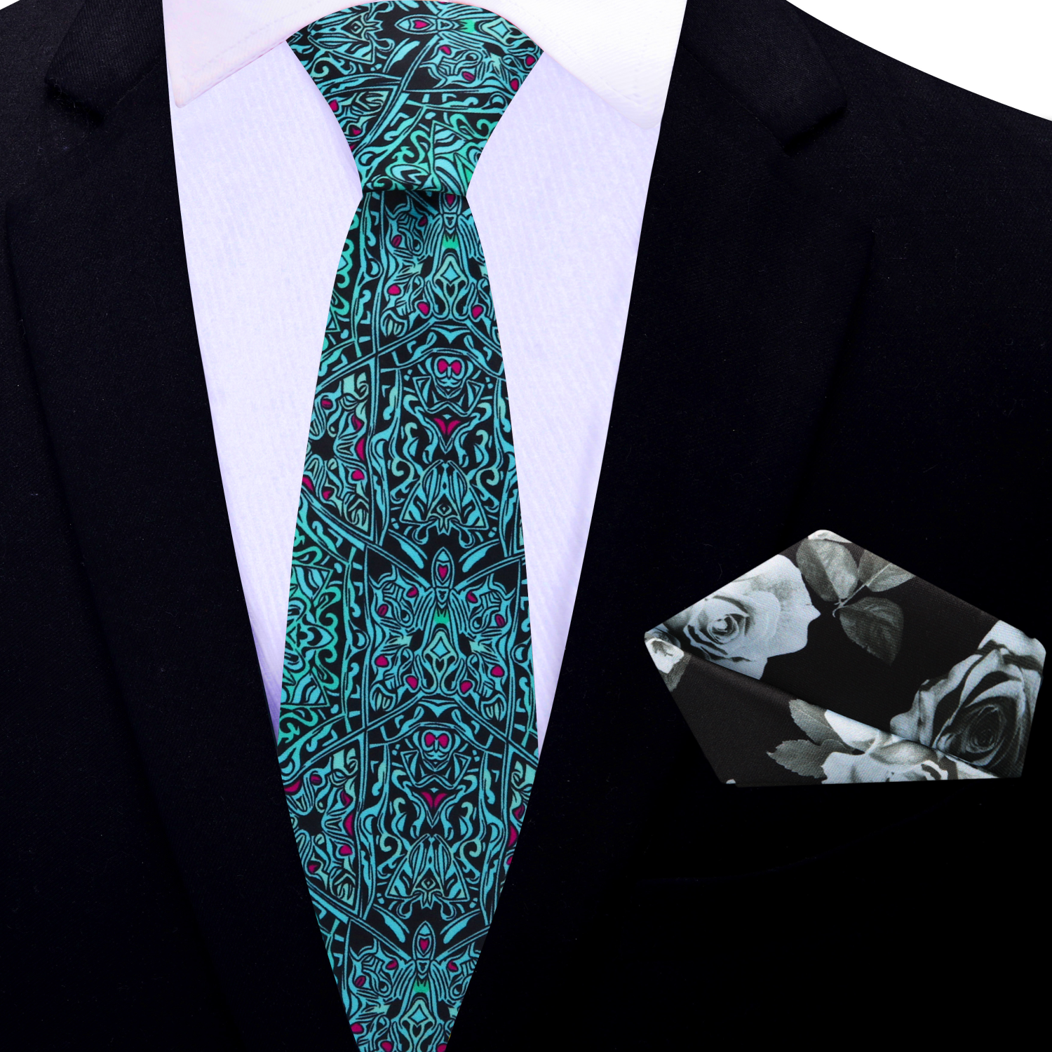 Thin Black, Light Blue Abstract Tie and Accenting Black, Grey Flower Square