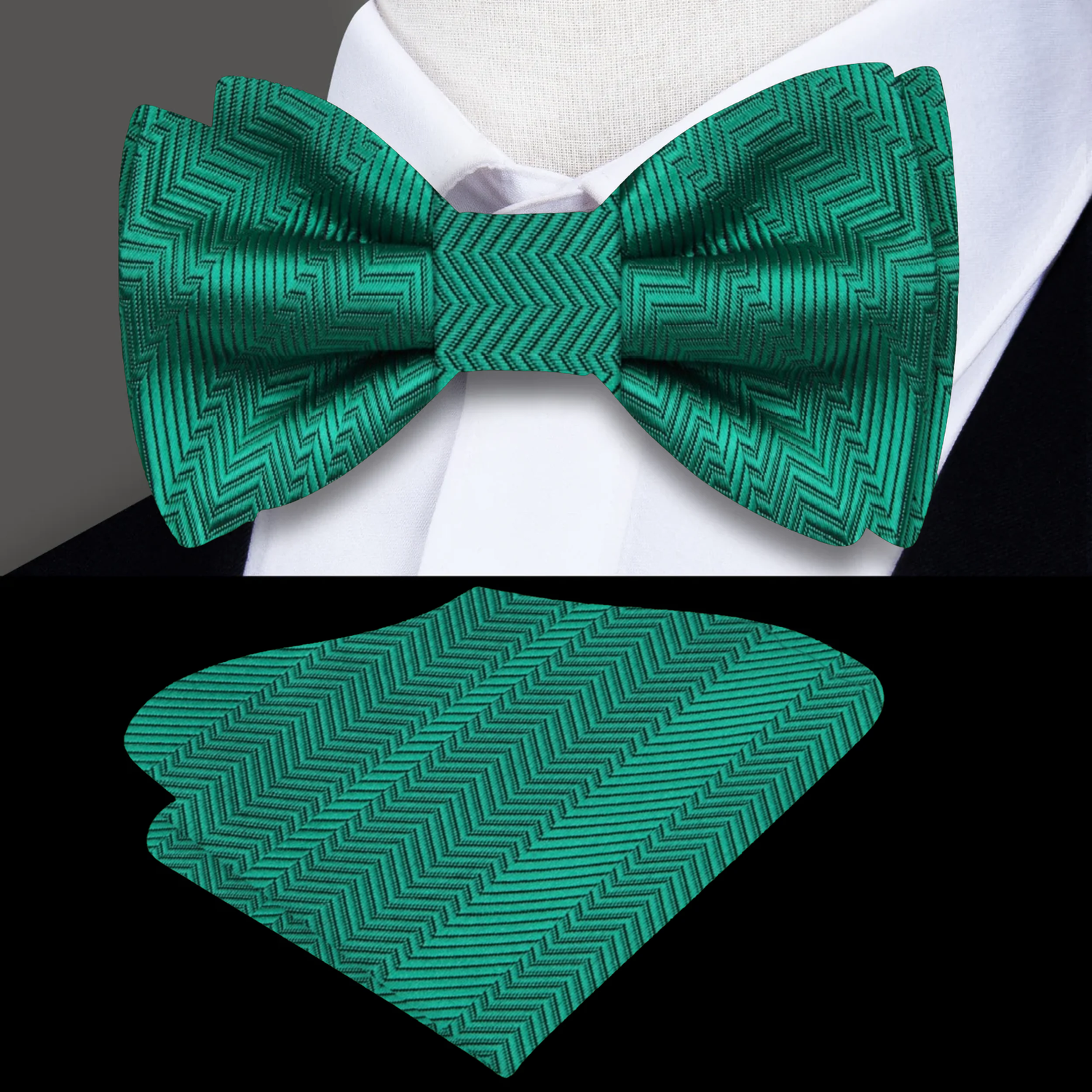 Main: A Solid Shamrock Green Pattern Self Tie Bow Tie, Matching Pocket Square